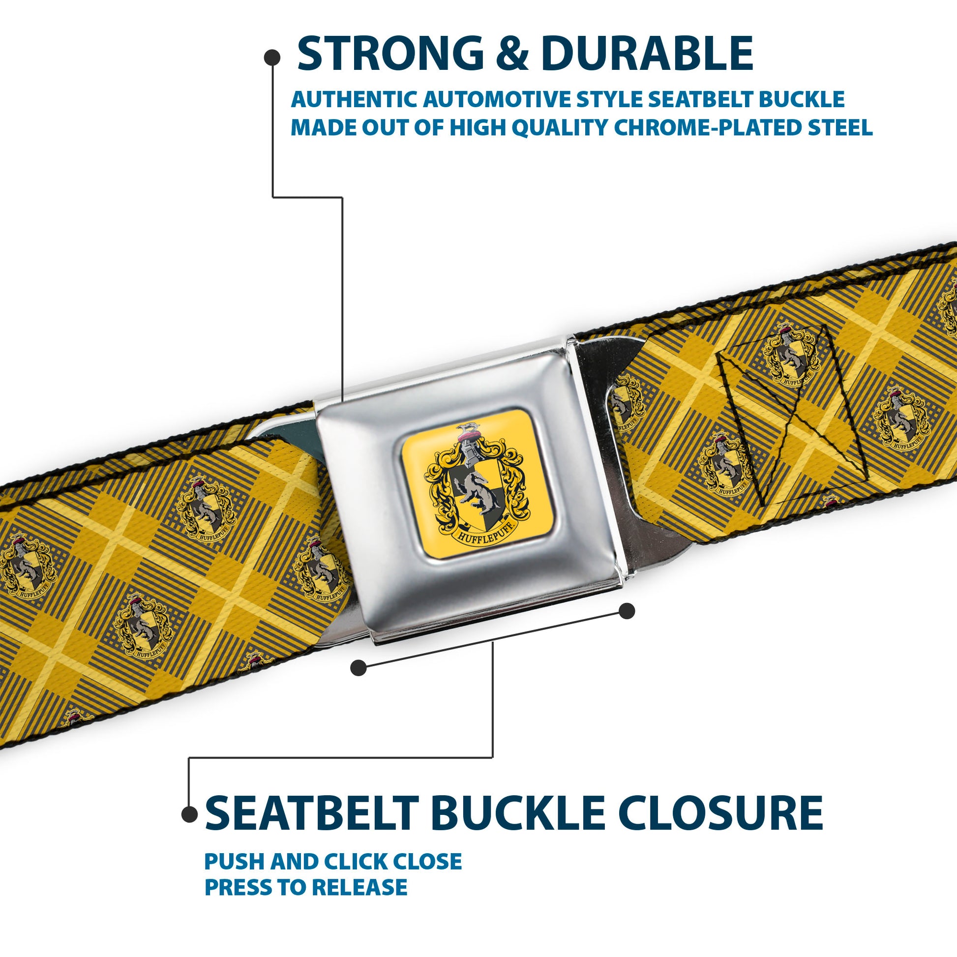 HUFFLEPUFF Crest Full Color Gold Seatbelt Belt - Harry Potter Hufflepuff Crest Plaid Yellows/Gray Webbing Seatbelt Belts Harry Potter