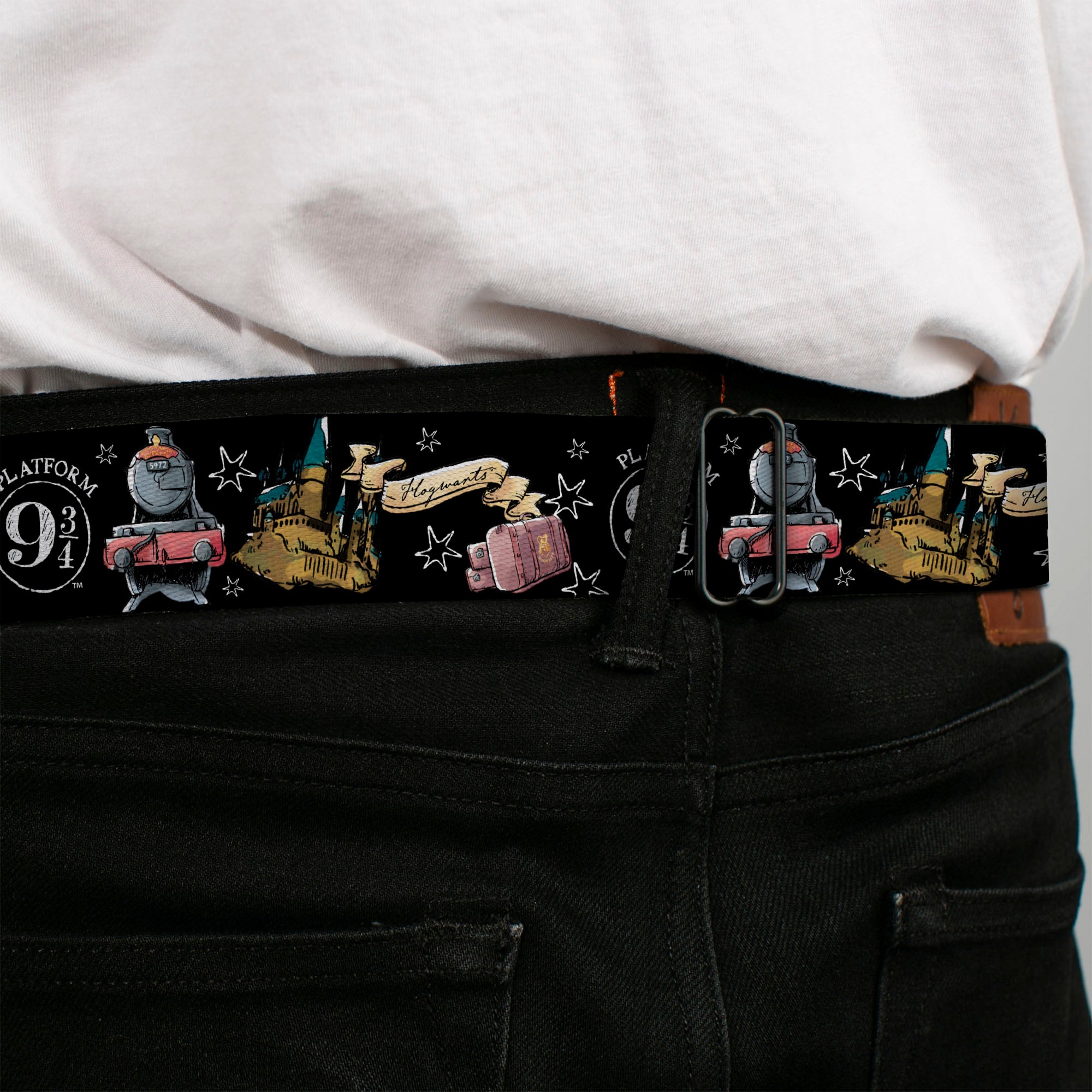 Slytherin Crest Full Color Seatbelt Belt - Harry Potter PLATFORM 9 3/4 Collage Black/White Webbing Seatbelt Belts Harry Potter