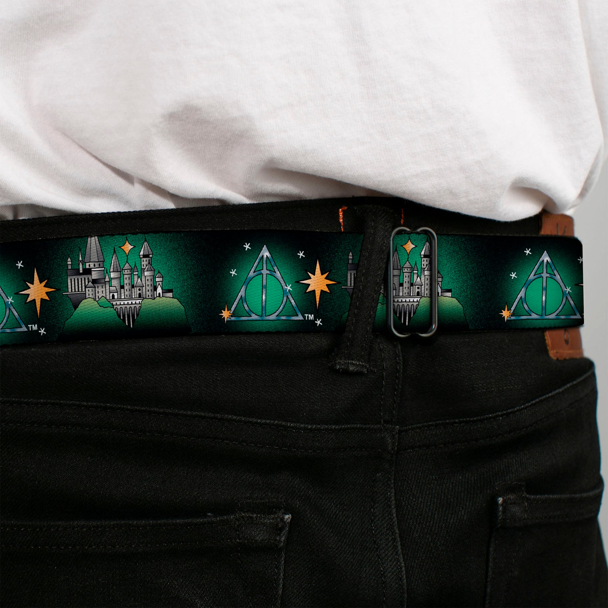 Harry Potter HP Logo Watercolor Full Color White/Yellows Seatbelt Belt - Harry Potter Hogwarts and Deathly Hallows Tattoo Black/Greens Webbing Seatbelt Belts Harry Potter