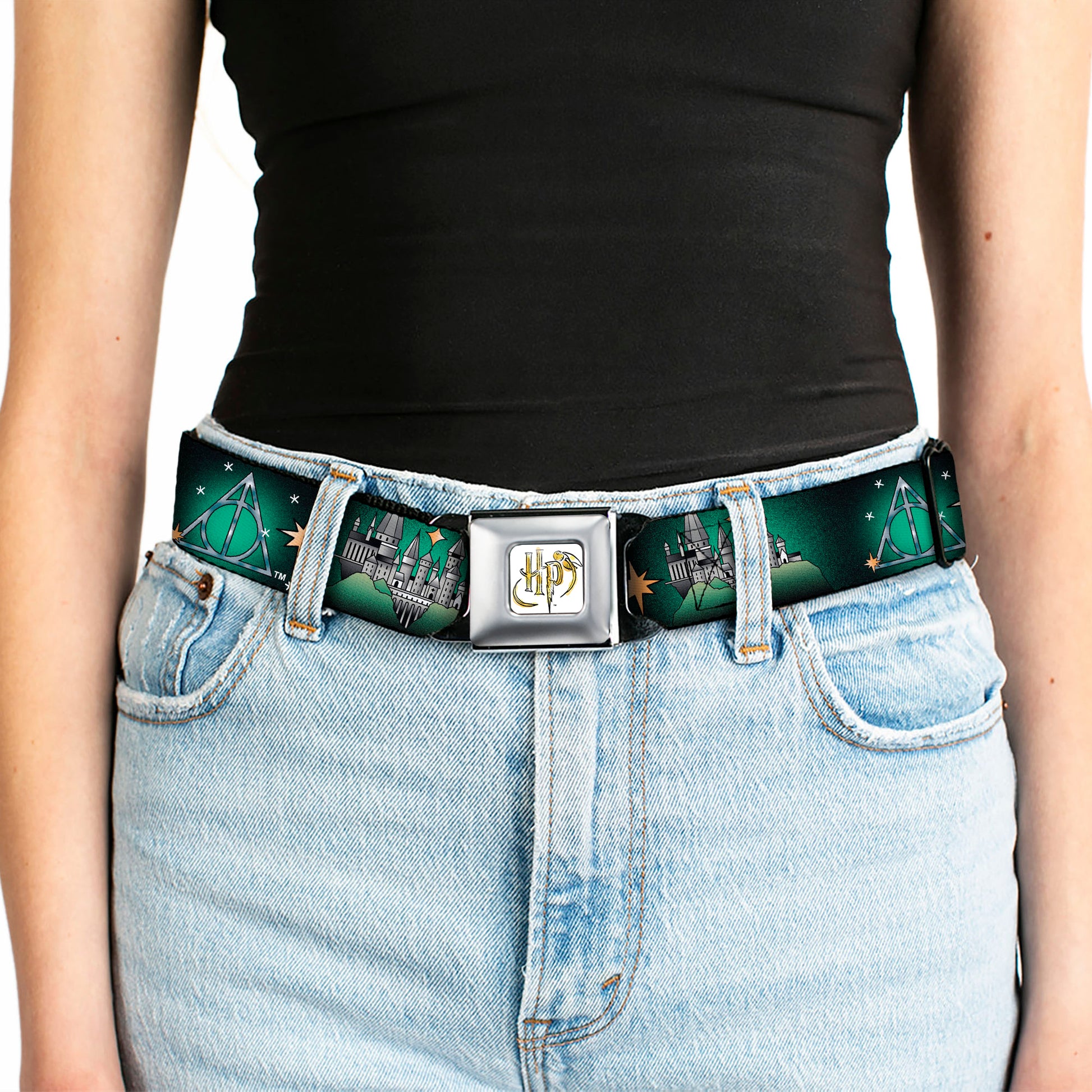 Harry Potter HP Logo Watercolor Full Color White/Yellows Seatbelt Belt - Harry Potter Hogwarts and Deathly Hallows Tattoo Black/Greens Webbing Seatbelt Belts Harry Potter