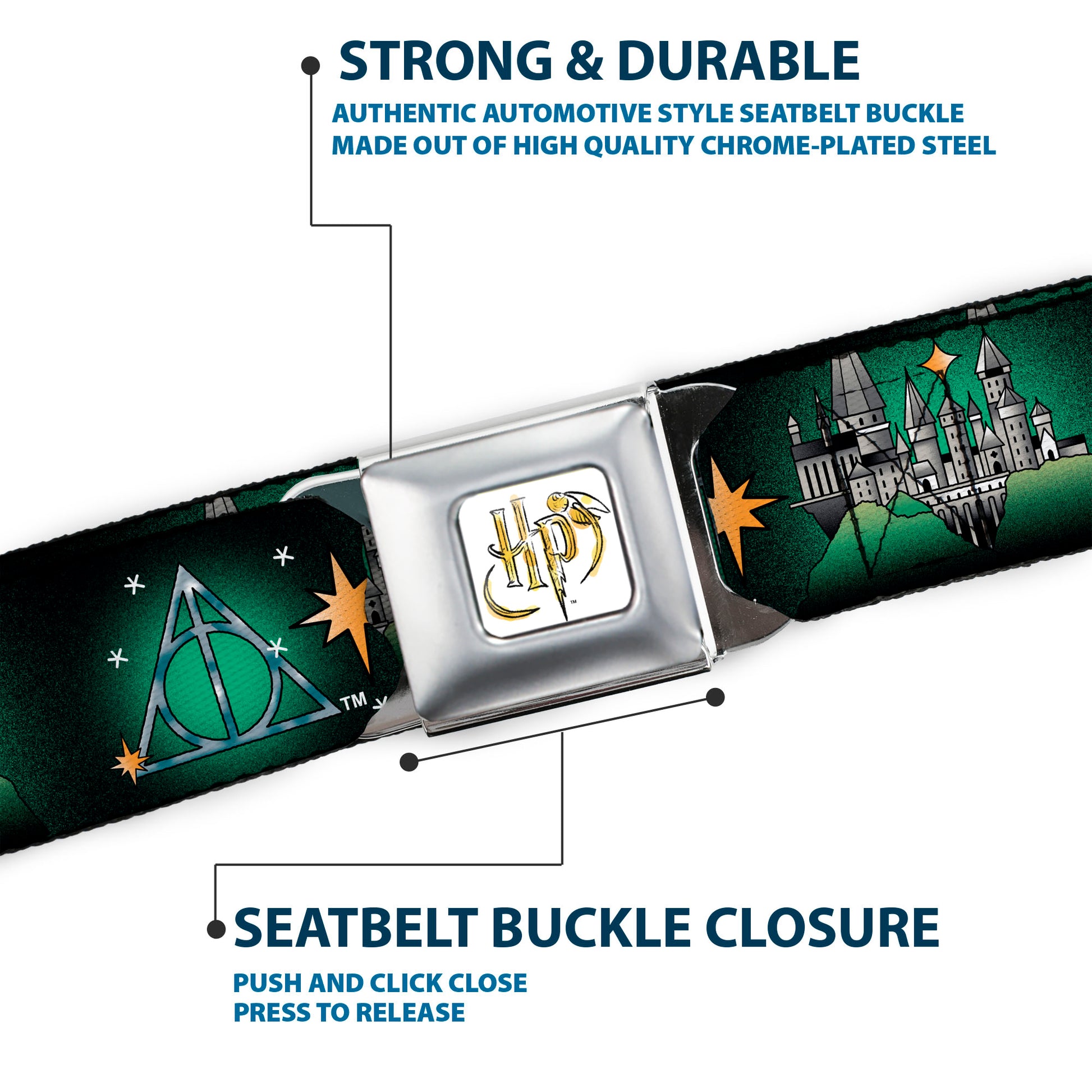 Harry Potter HP Logo Watercolor Full Color White/Yellows Seatbelt Belt - Harry Potter Hogwarts and Deathly Hallows Tattoo Black/Greens Webbing Seatbelt Belts Harry Potter