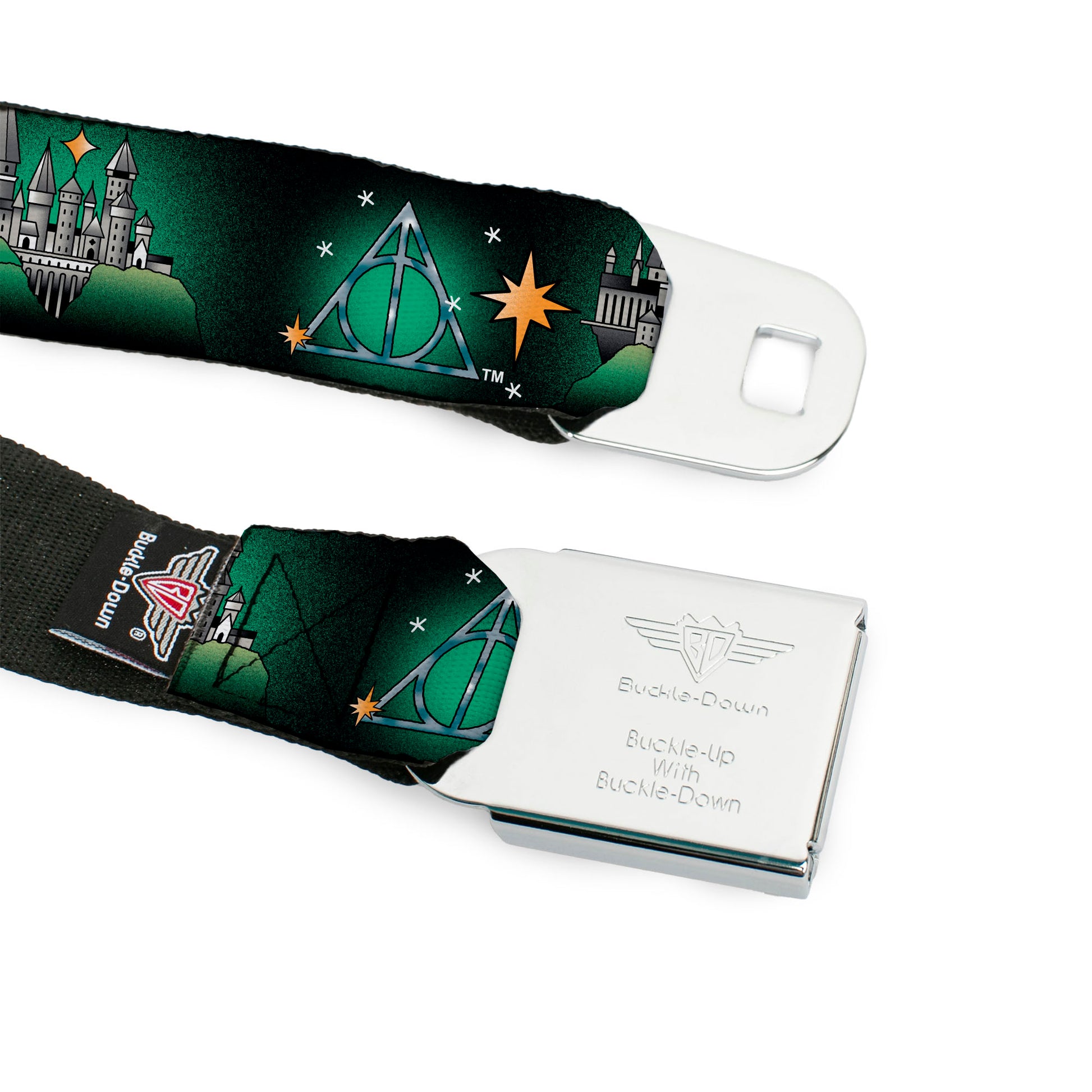 Harry Potter HP Logo Watercolor Full Color White/Yellows Seatbelt Belt - Harry Potter Hogwarts and Deathly Hallows Tattoo Black/Greens Webbing Seatbelt Belts Harry Potter