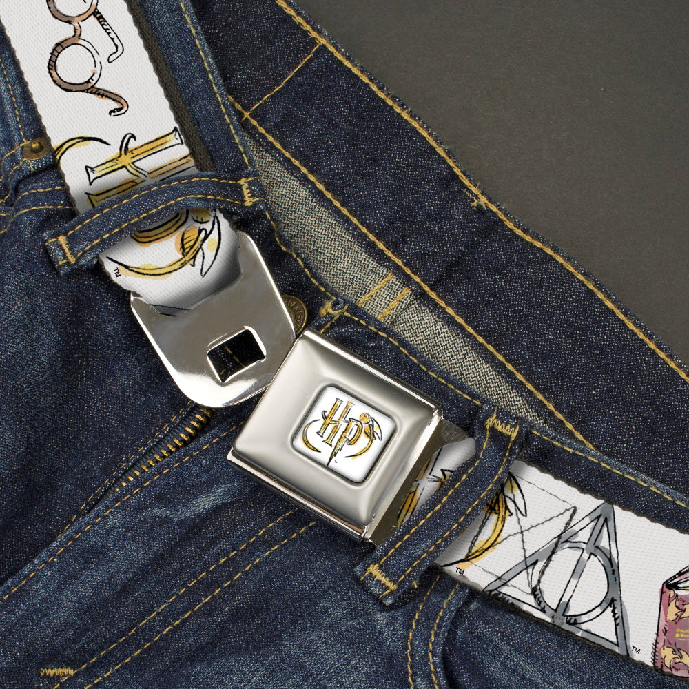 Harry Potter HP Logo Watercolor Full Color White/Yellows Seatbelt Belt - Harry Potter 4-Icons Watercolor White/Multi Color Webbing Seatbelt Belts Harry Potter