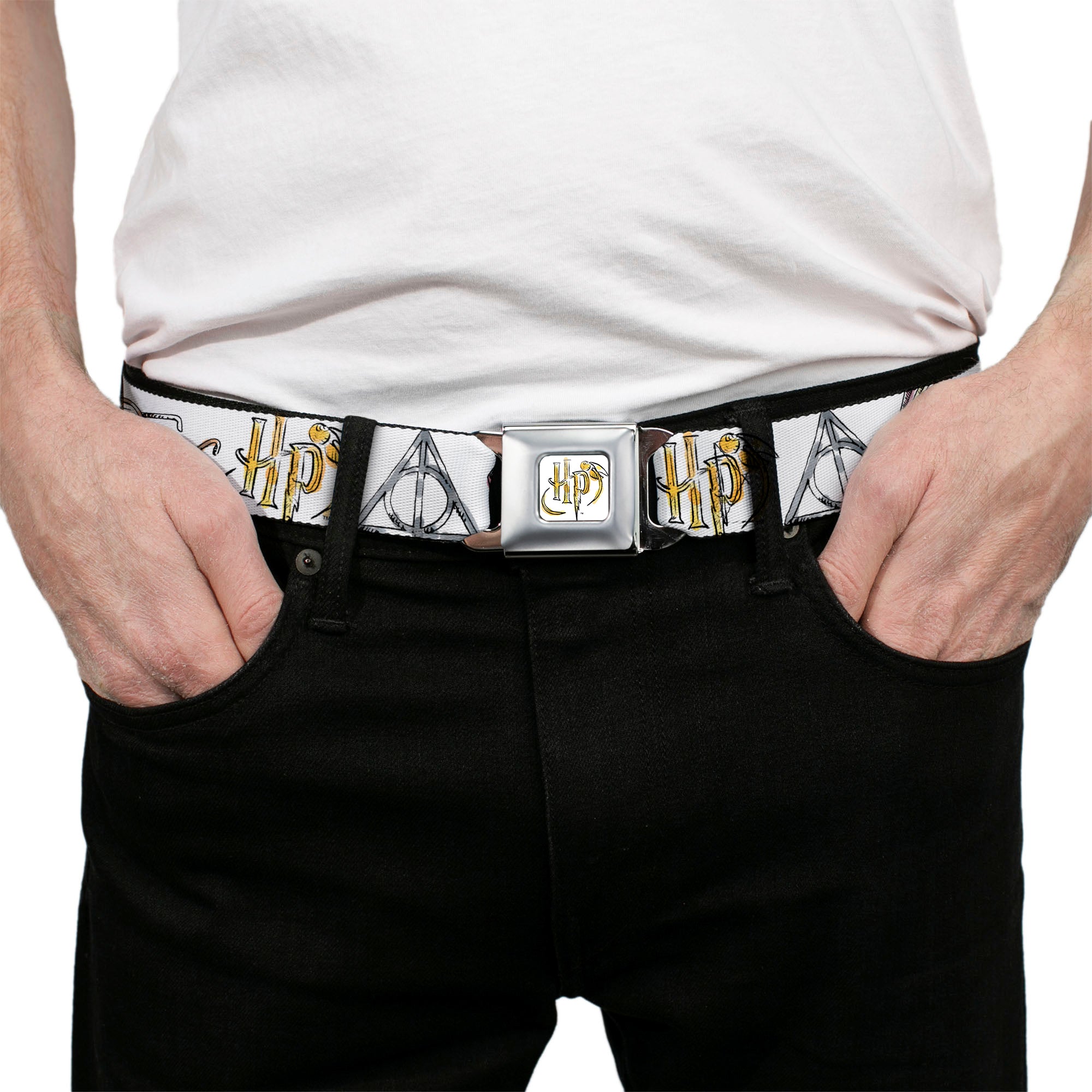 Harry Potter HP Logo Watercolor Full Color White/Yellows Seatbelt Belt - Harry Potter 4-Icons Watercolor White/Multi Color Webbing Seatbelt Belts Harry Potter