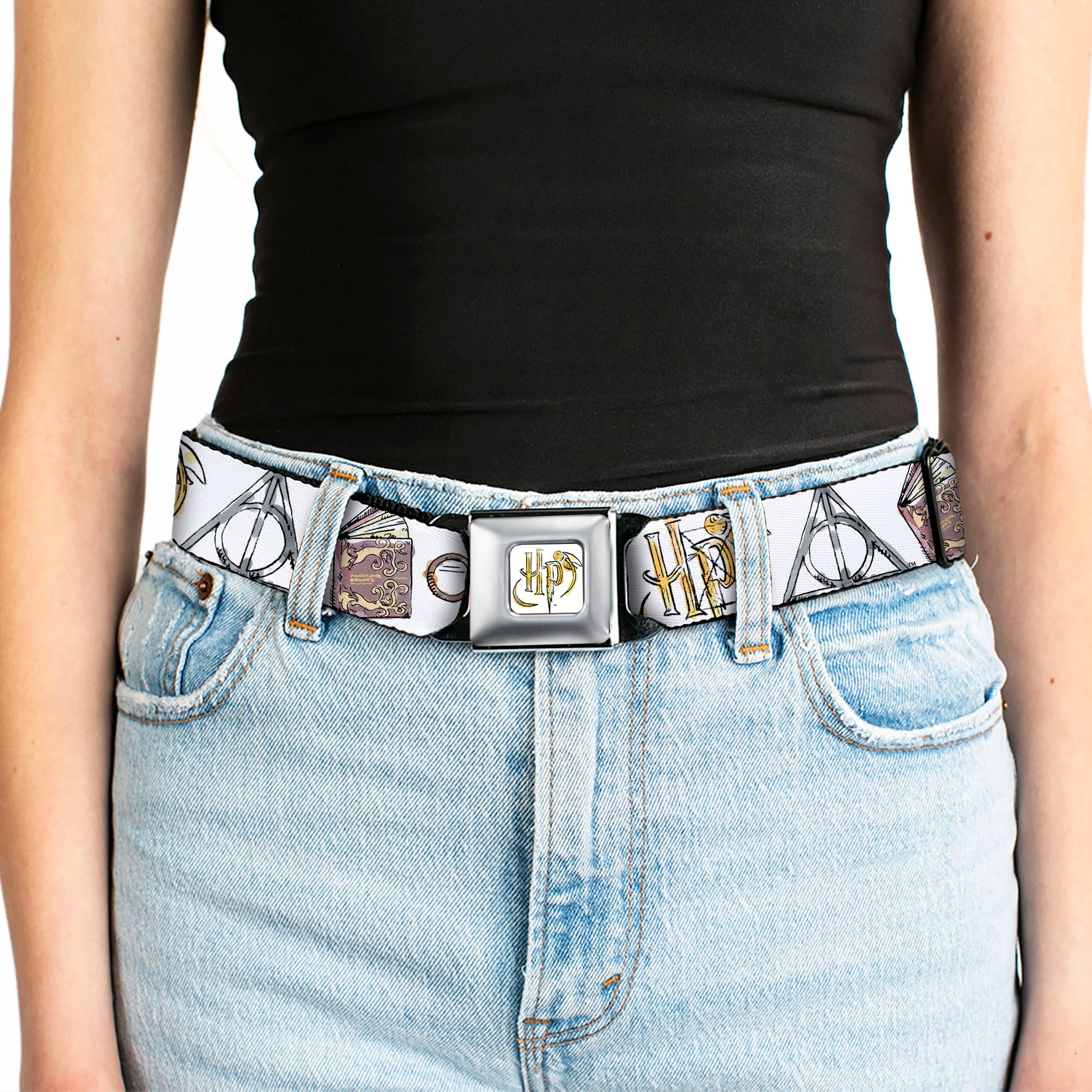 Harry Potter HP Logo Watercolor Full Color White/Yellows Seatbelt Belt - Harry Potter 4-Icons Watercolor White/Multi Color Webbing Seatbelt Belts Harry Potter