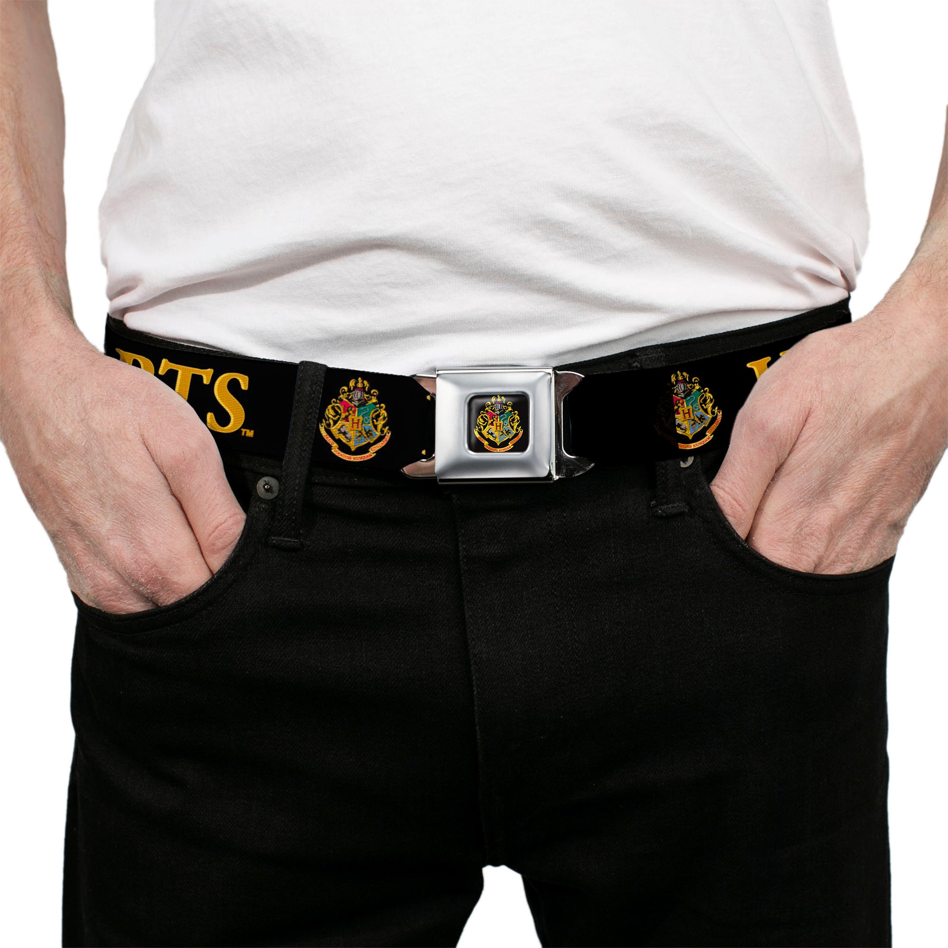 Hogwarts Crest Full Color Seatbelt Belt - Harry Potter HOGWARTS & Crest Black/Gold Webbing Seatbelt Belts Harry Potter
