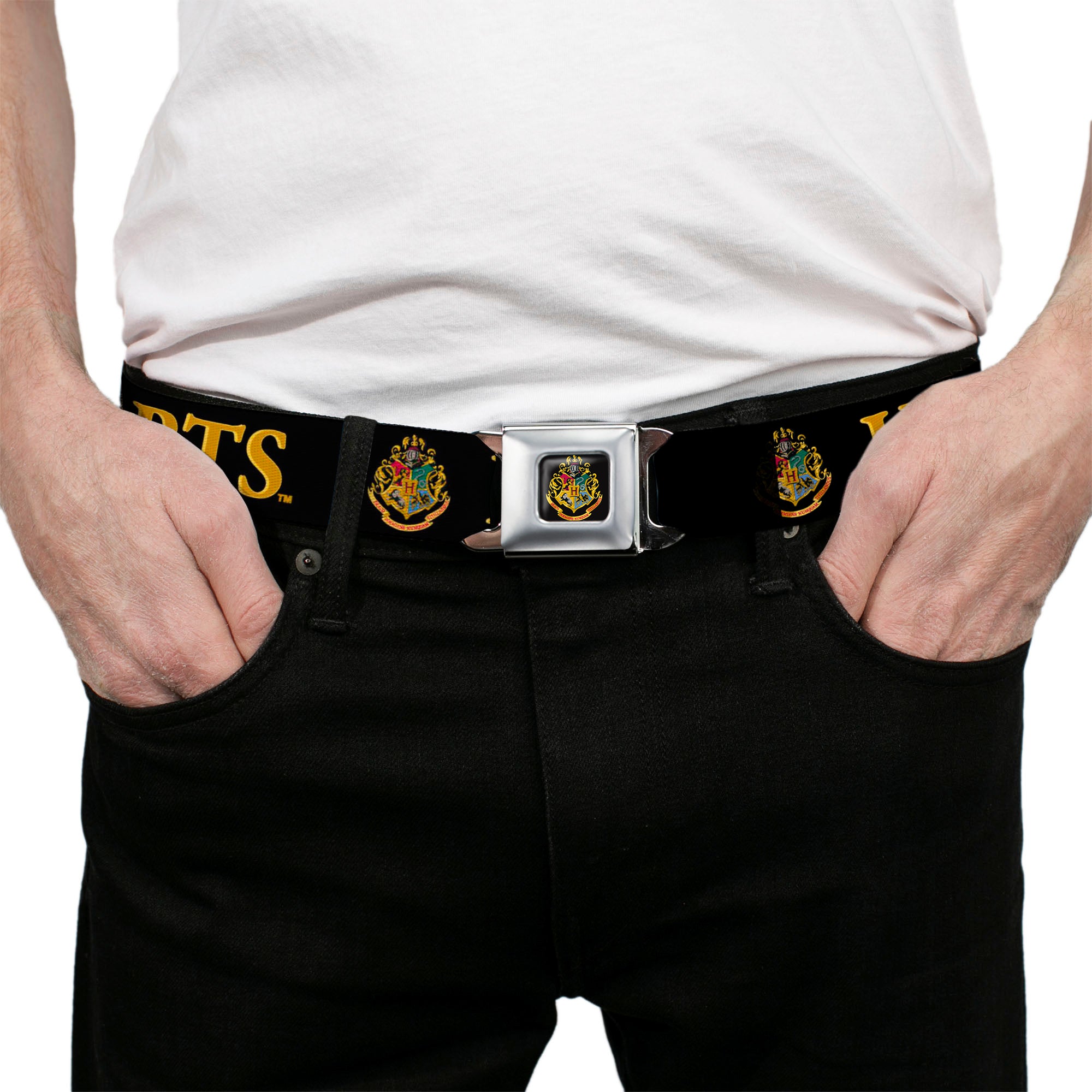 Hogwarts Crest Full Color Seatbelt Belt - Harry Potter HOGWARTS & Crest Black/Gold Webbing Seatbelt Belts Harry Potter