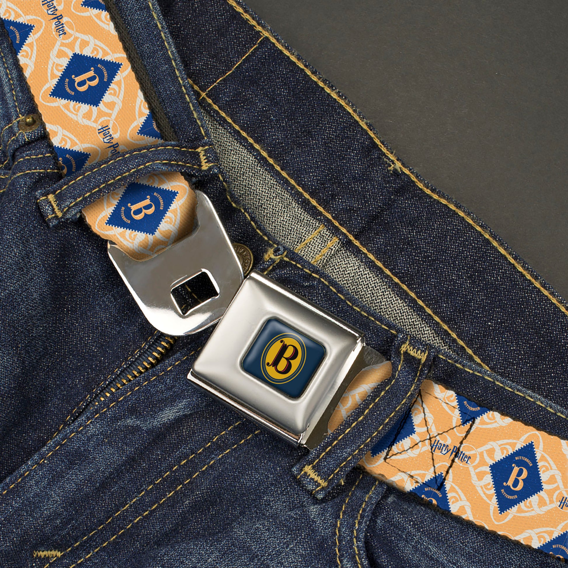 Harry Potter Butterbeer Logo Full Color Navy/Yellow Seatbelt Belt - HARRY POTTER Butterbeer Diamond Logo White/Yellow/Blue Webbing Seatbelt Belts Harry Potter