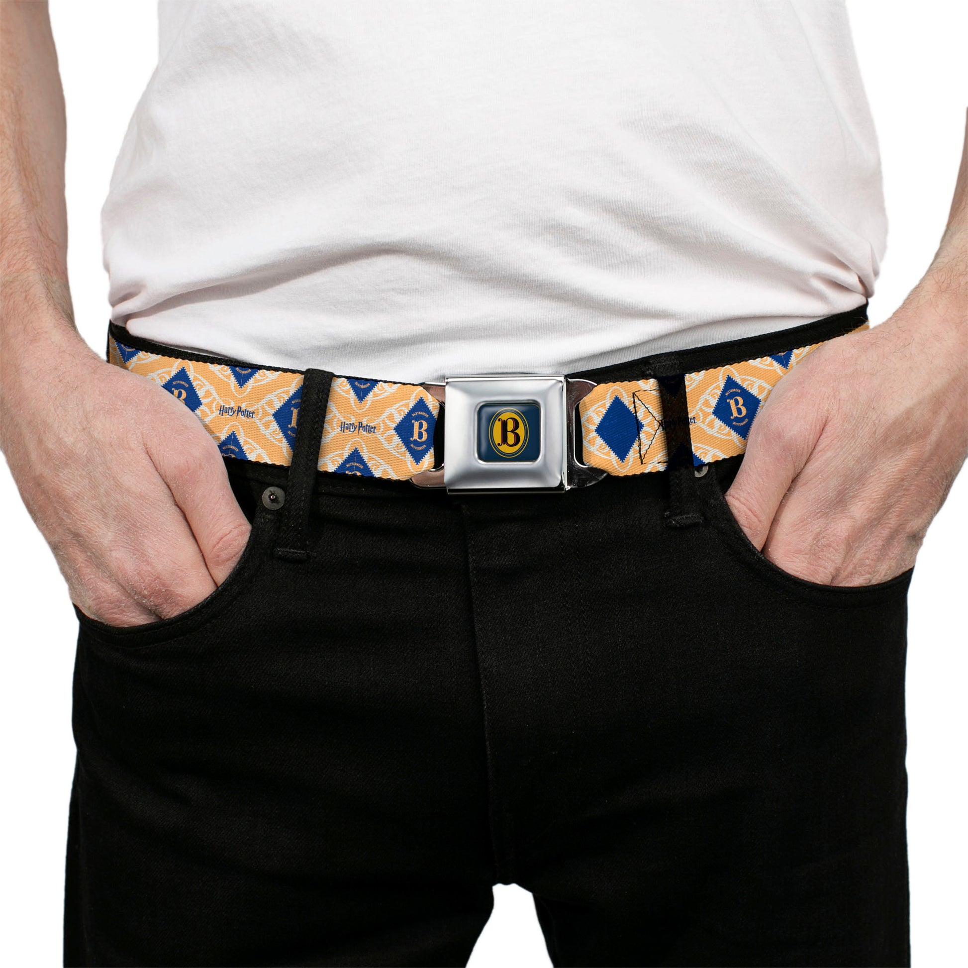 Harry Potter Butterbeer Logo Full Color Navy/Yellow Seatbelt Belt - HARRY POTTER Butterbeer Diamond Logo White/Yellow/Blue Webbing Seatbelt Belts Harry Potter