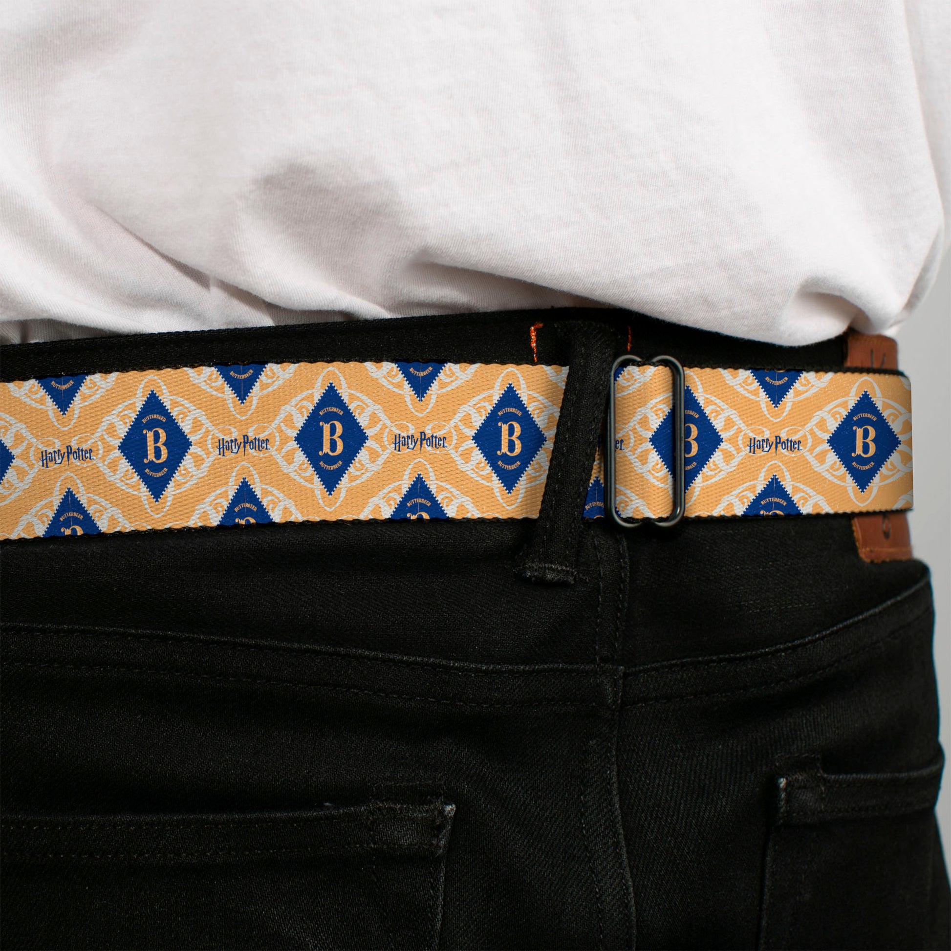 Harry Potter Butterbeer Logo Full Color Navy/Yellow Seatbelt Belt - HARRY POTTER Butterbeer Diamond Logo White/Yellow/Blue Webbing Seatbelt Belts Harry Potter