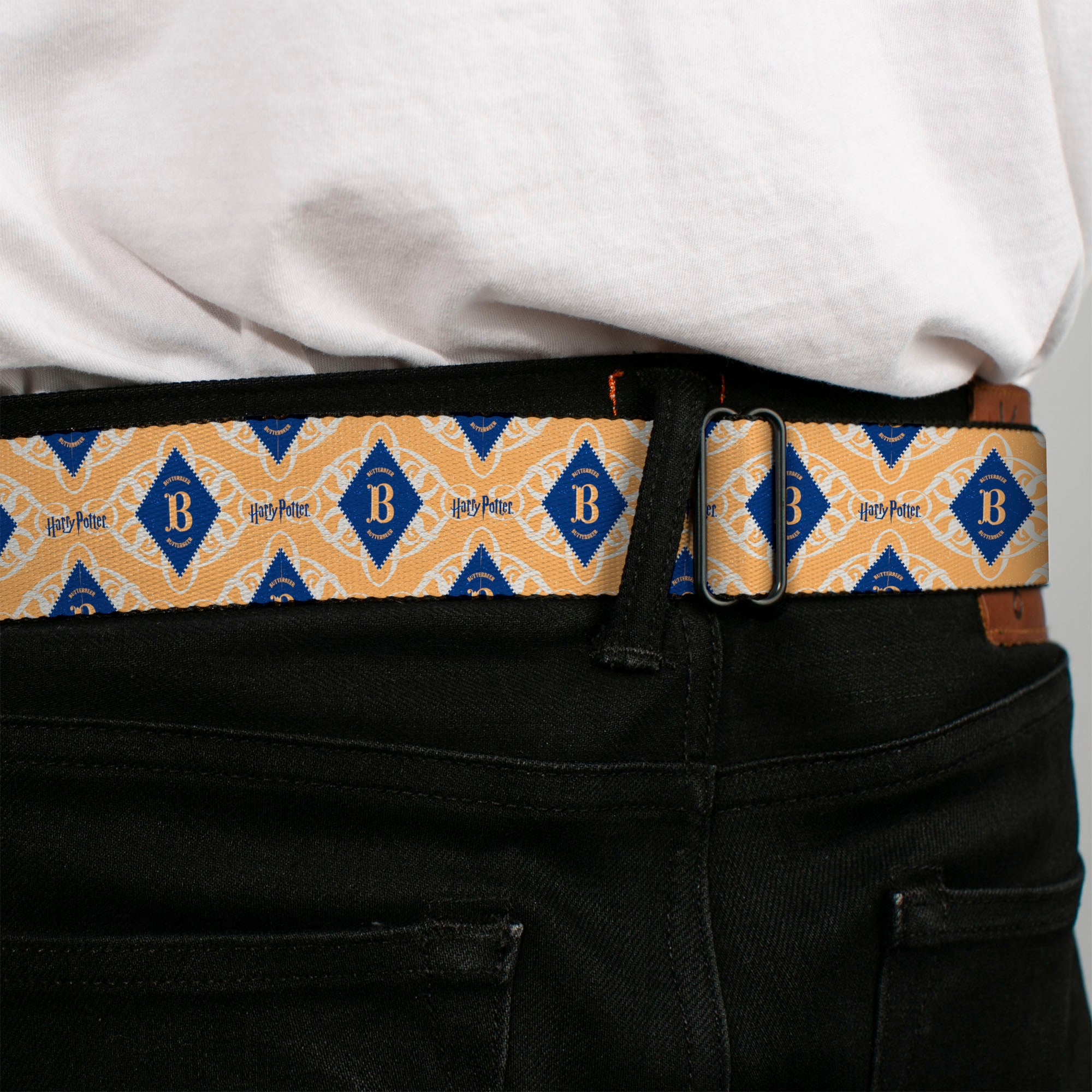 Harry Potter Butterbeer Logo Full Color Navy/Yellow Seatbelt Belt - HARRY POTTER Butterbeer Diamond Logo White/Yellow/Blue Webbing Seatbelt Belts Harry Potter