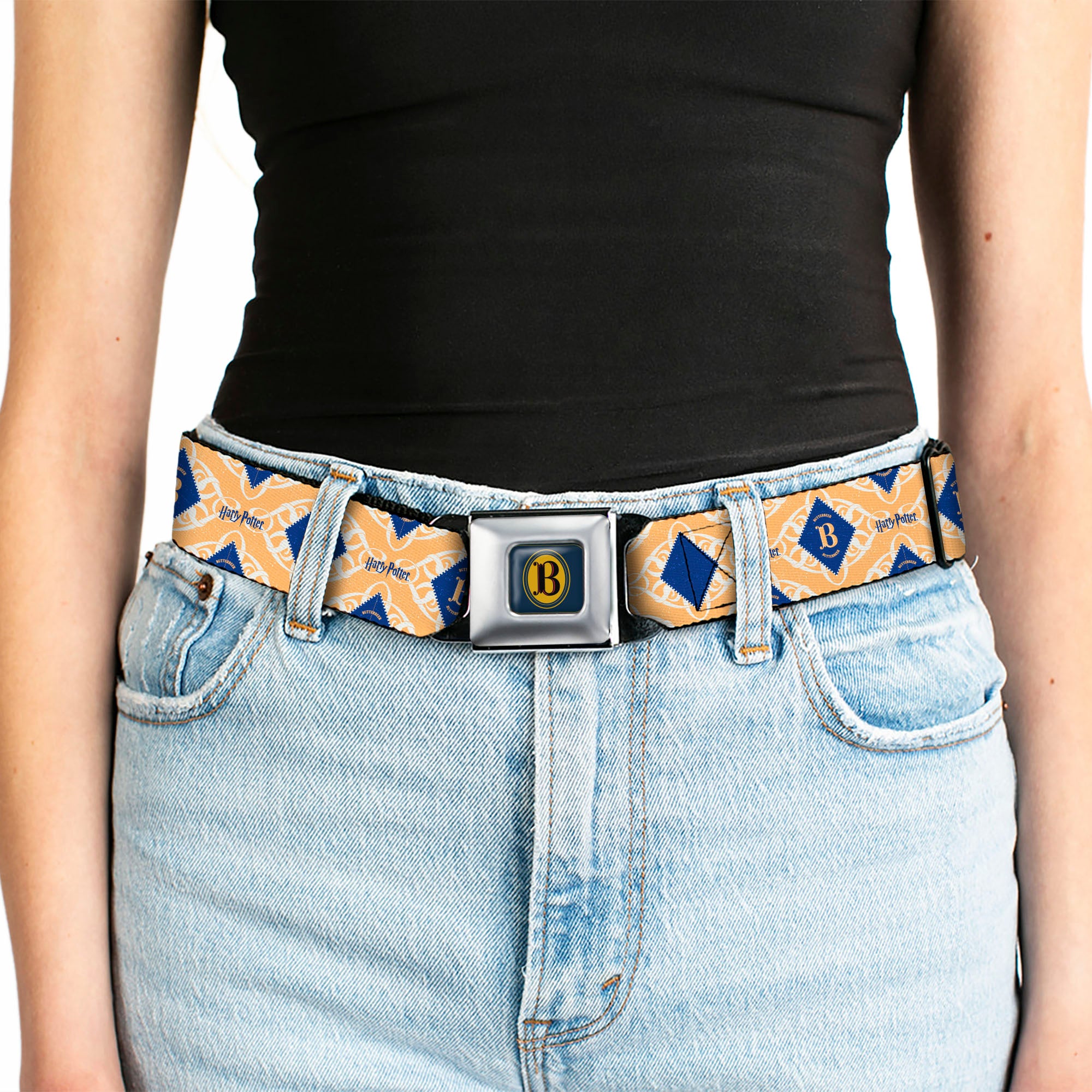 Harry Potter Butterbeer Logo Full Color Navy/Yellow Seatbelt Belt - HARRY POTTER Butterbeer Diamond Logo White/Yellow/Blue Webbing Seatbelt Belts Harry Potter