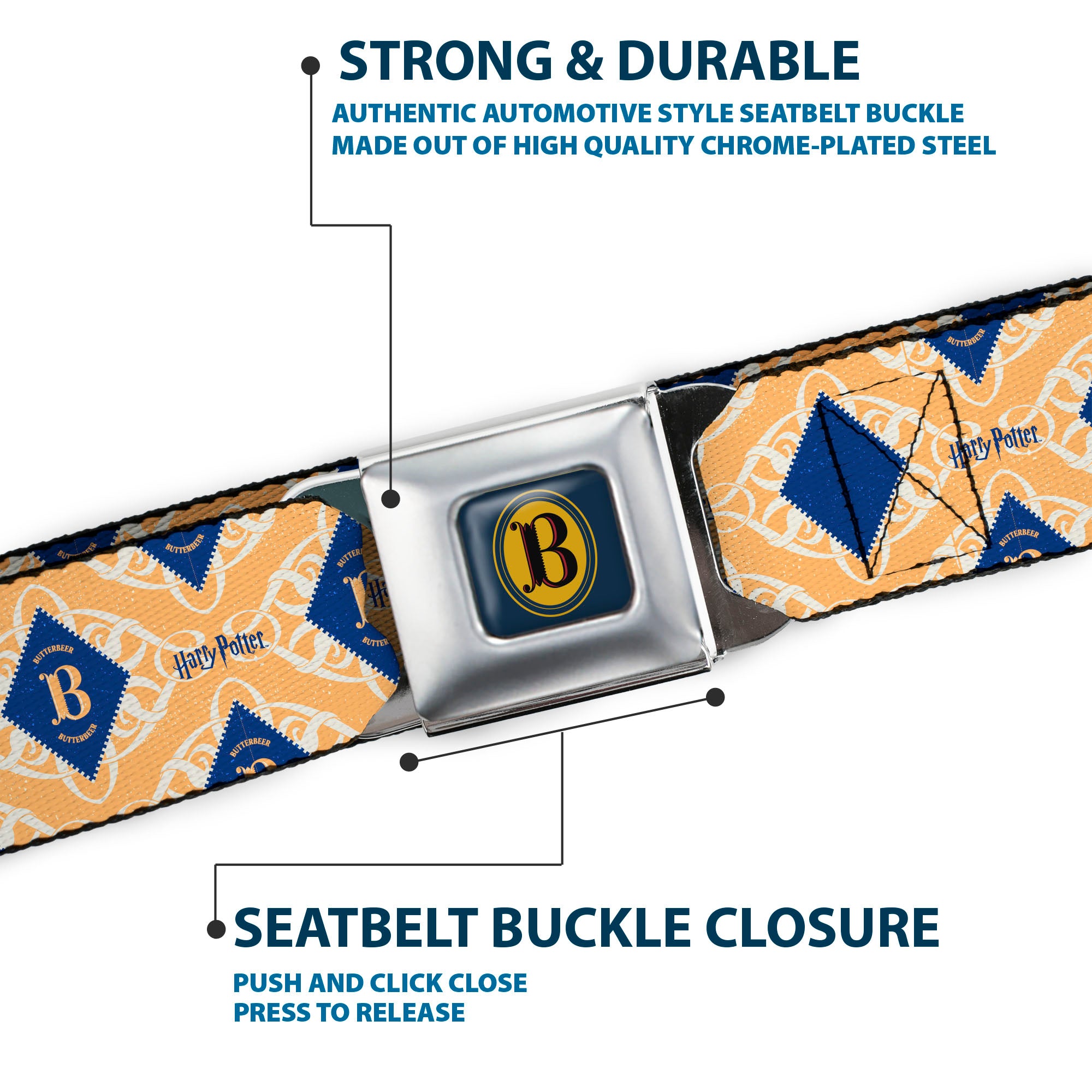 Harry Potter Butterbeer Logo Full Color Navy/Yellow Seatbelt Belt - HARRY POTTER Butterbeer Diamond Logo White/Yellow/Blue Webbing Seatbelt Belts Harry Potter