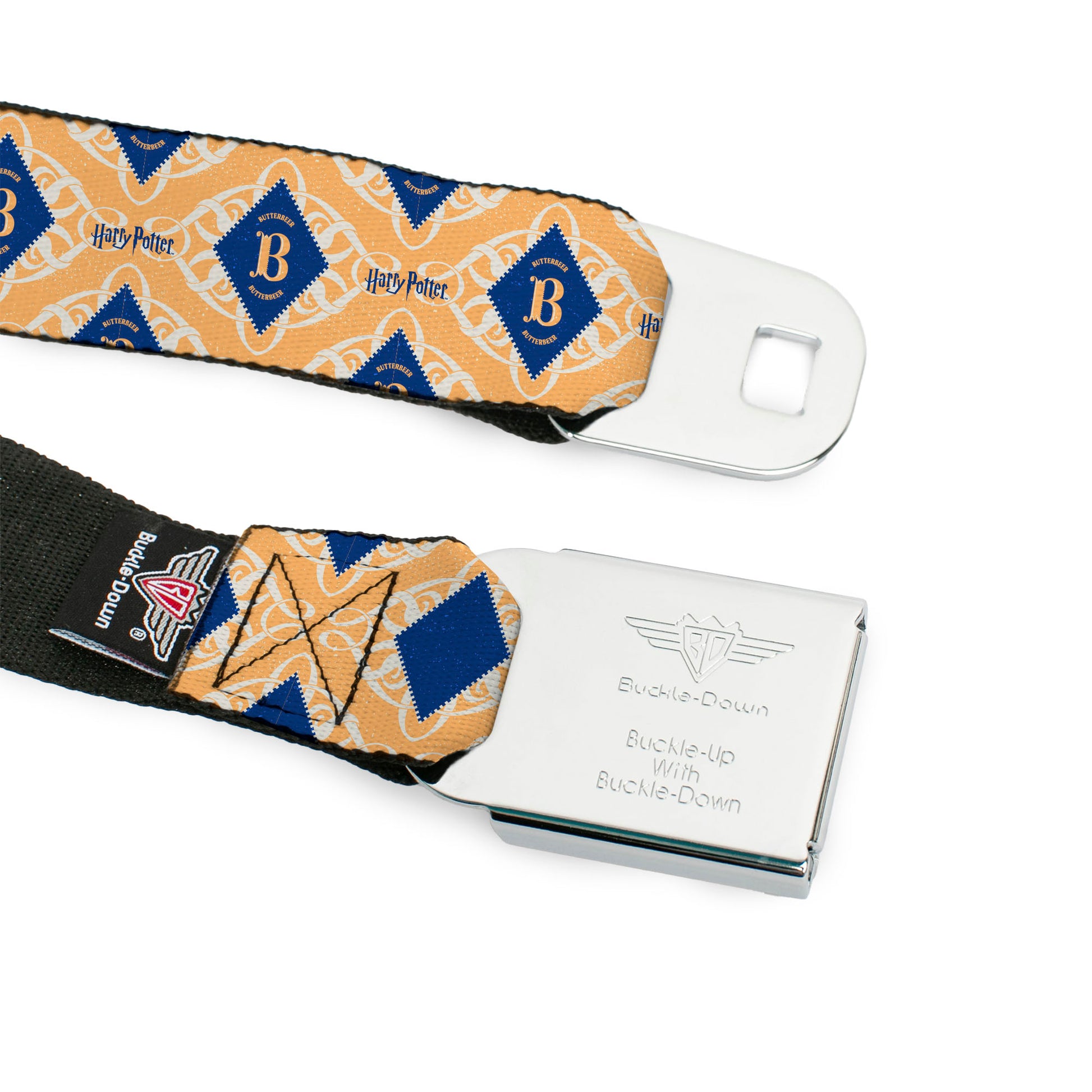 Harry Potter Butterbeer Logo Full Color Navy/Yellow Seatbelt Belt - HARRY POTTER Butterbeer Diamond Logo White/Yellow/Blue Webbing Seatbelt Belts Harry Potter