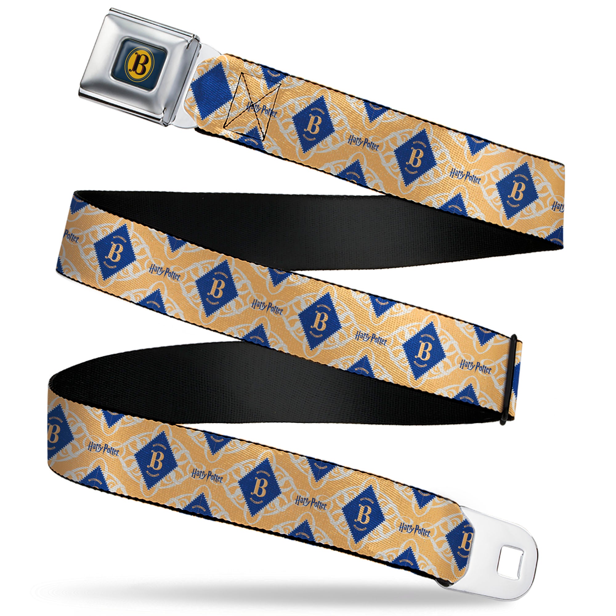 Harry Potter Butterbeer Logo Full Color Navy/Yellow Seatbelt Belt - HARRY POTTER Butterbeer Diamond Logo White/Yellow/Blue Webbing Seatbelt Belts Harry Potter
