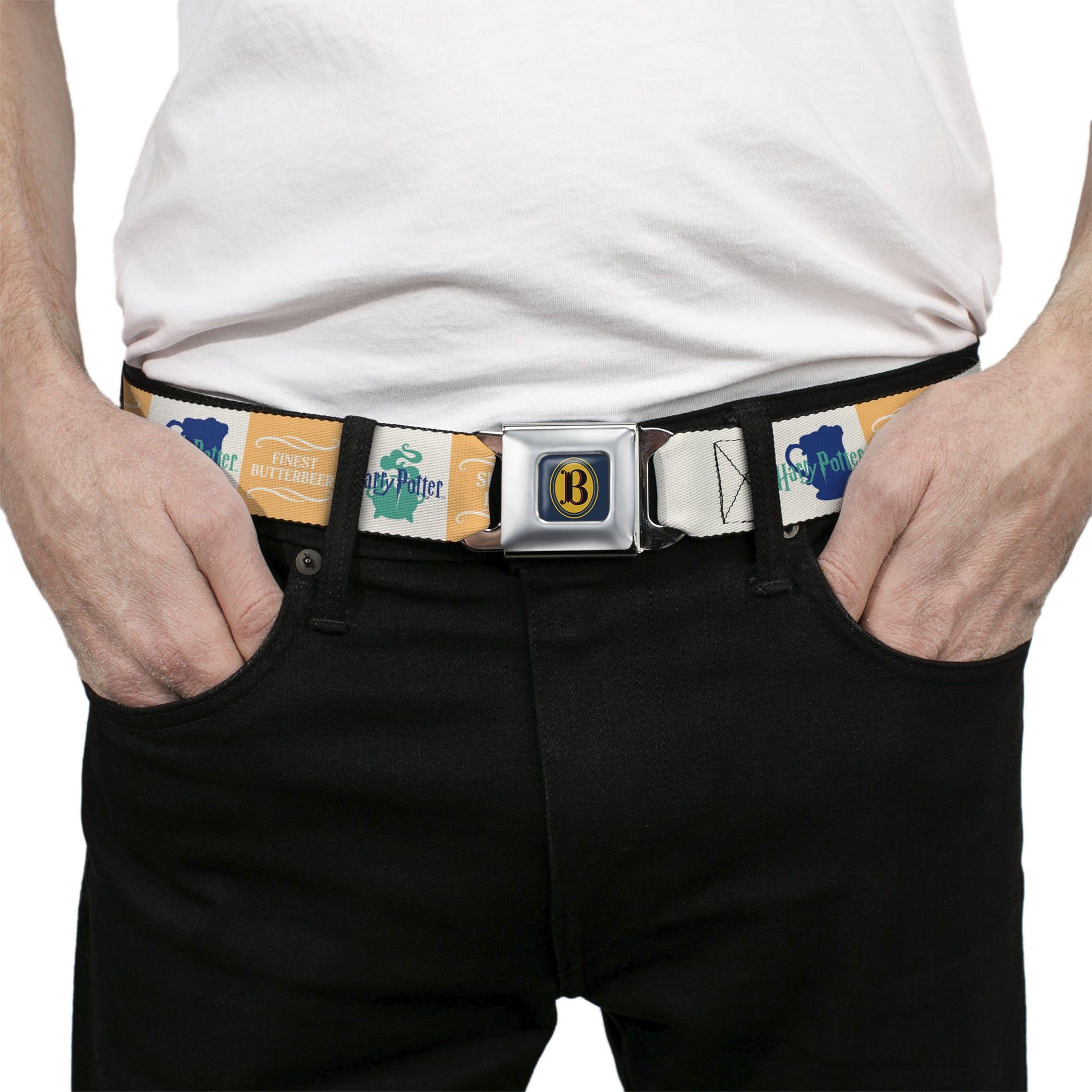 Harry Potter Butterbeer Logo Full Color Navy/Yellow Seatbelt Belt - Harry Potter FINEST BUTTERBEER SINCE 1867 Icon Blocks Yellow/White/Blues Webbing Seatbelt Belts Harry Potter