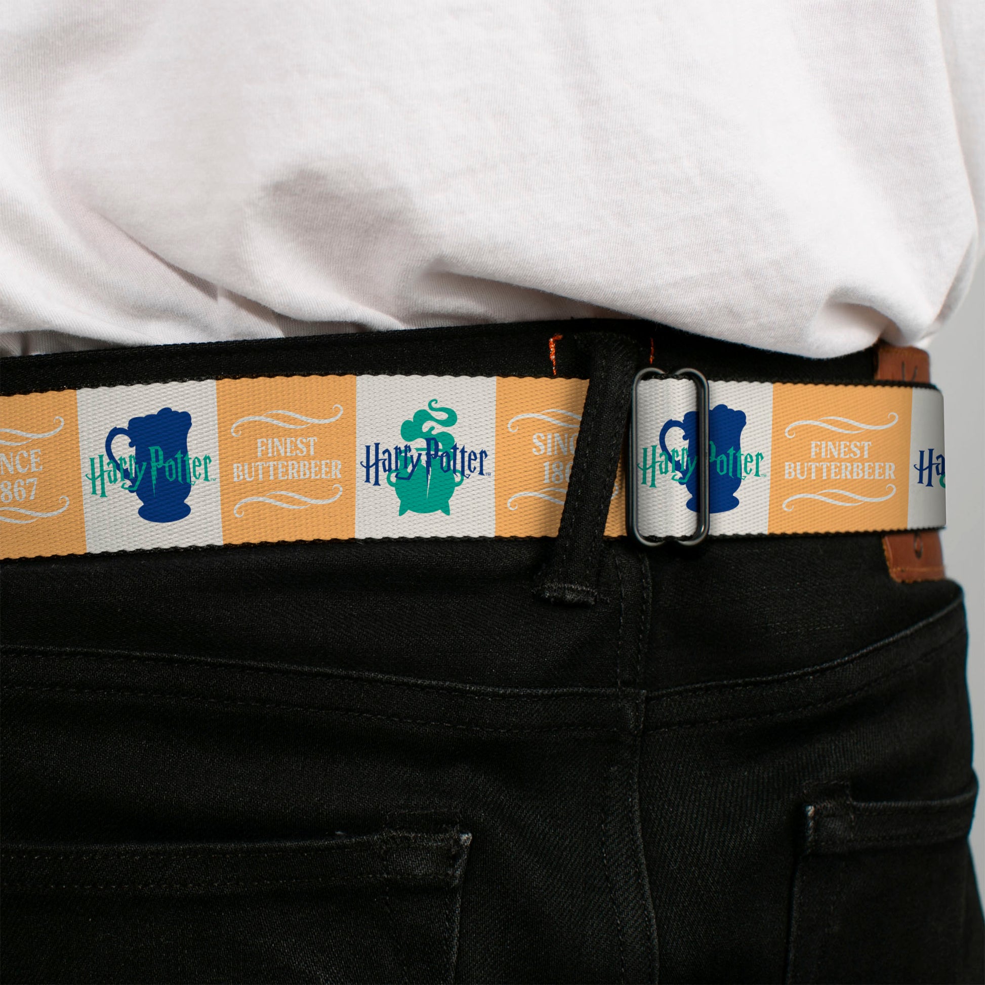 Harry Potter Butterbeer Logo Full Color Navy/Yellow Seatbelt Belt - Harry Potter FINEST BUTTERBEER SINCE 1867 Icon Blocks Yellow/White/Blues Webbing Seatbelt Belts Harry Potter
