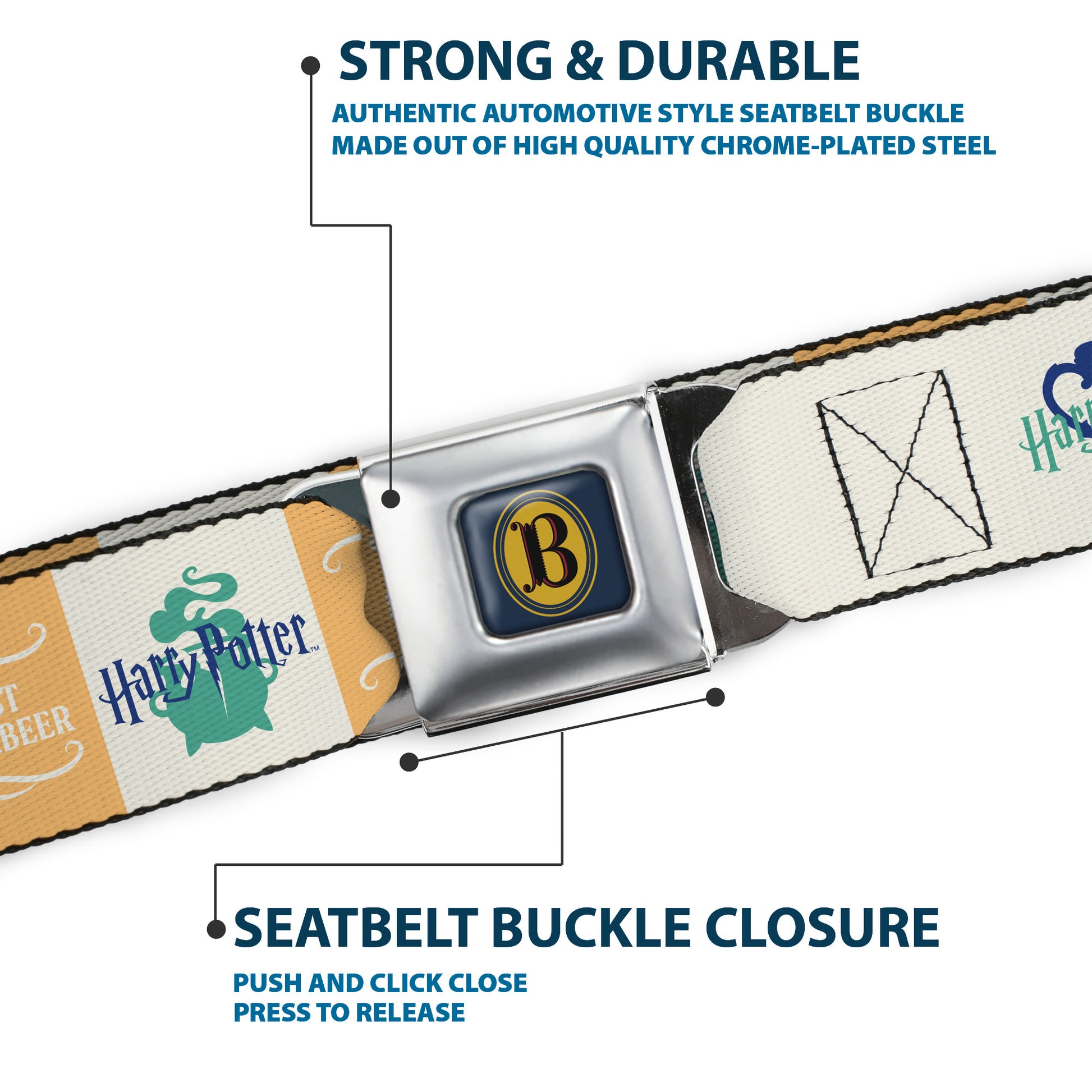 Harry Potter Butterbeer Logo Full Color Navy/Yellow Seatbelt Belt - Harry Potter FINEST BUTTERBEER SINCE 1867 Icon Blocks Yellow/White/Blues Webbing Seatbelt Belts Harry Potter