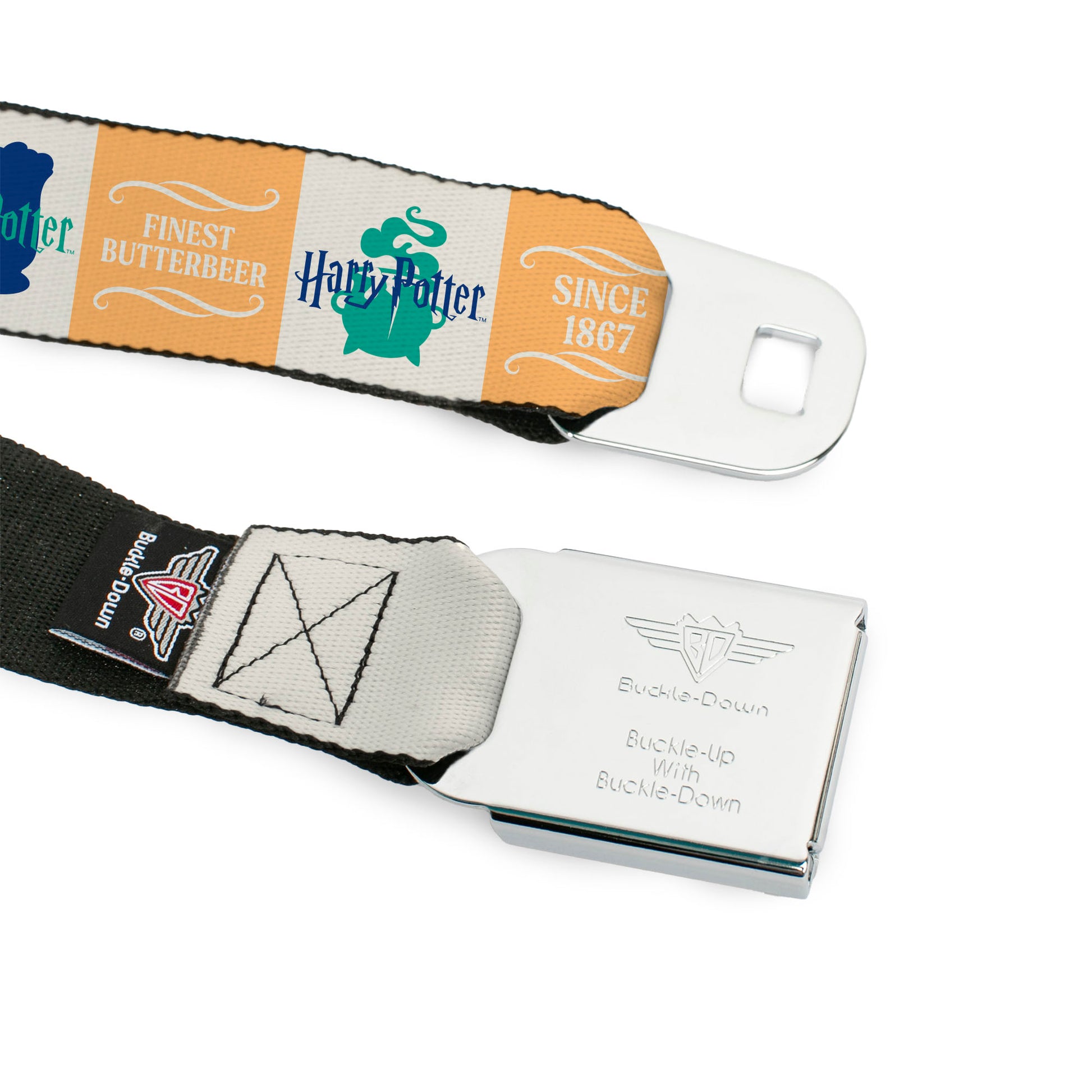 Harry Potter Butterbeer Logo Full Color Navy/Yellow Seatbelt Belt - Harry Potter FINEST BUTTERBEER SINCE 1867 Icon Blocks Yellow/White/Blues Webbing Seatbelt Belts Harry Potter