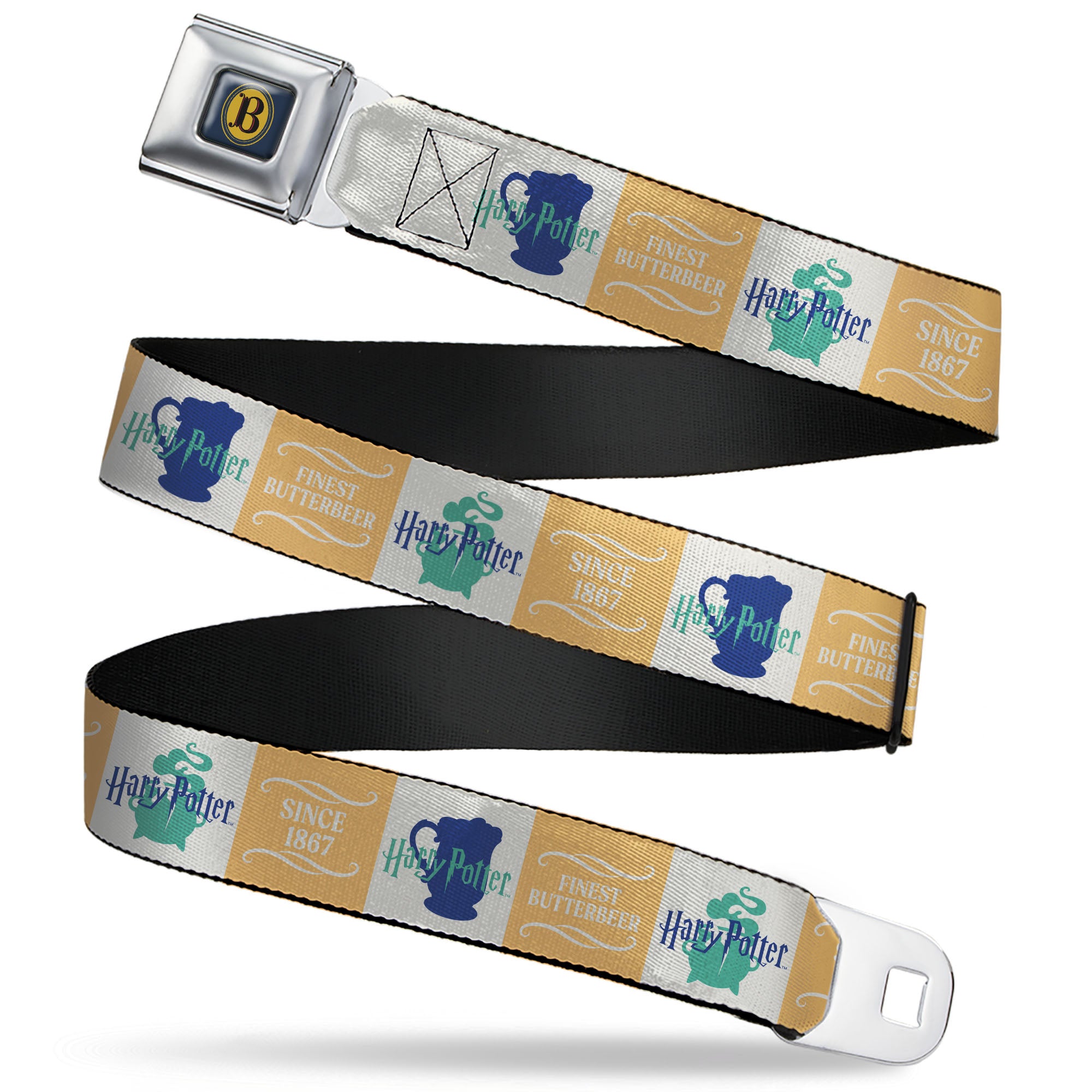 Harry Potter Butterbeer Logo Full Color Navy/Yellow Seatbelt Belt - Harry Potter FINEST BUTTERBEER SINCE 1867 Icon Blocks Yellow/White/Blues Webbing Seatbelt Belts Harry Potter