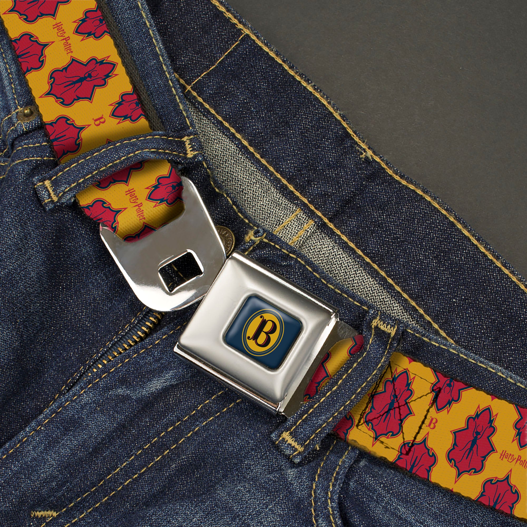 Harry Potter Butterbeer Logo Full Color Navy/Yellow Seatbelt Belt - HARRY POTTER Butterbeer Insect Icon Yellow/Reds Webbing Seatbelt Belts Harry Potter