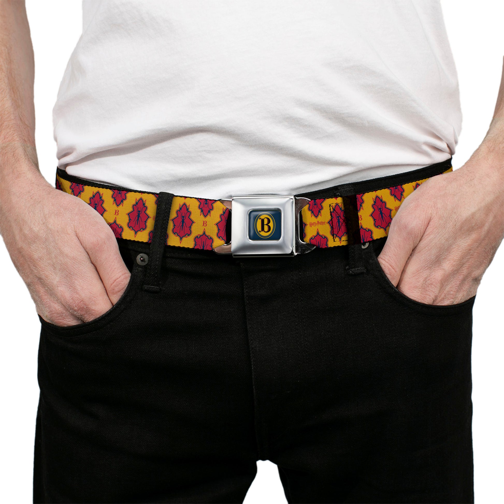 Harry Potter Butterbeer Logo Full Color Navy/Yellow Seatbelt Belt - HARRY POTTER Butterbeer Insect Icon Yellow/Reds Webbing Seatbelt Belts Harry Potter
