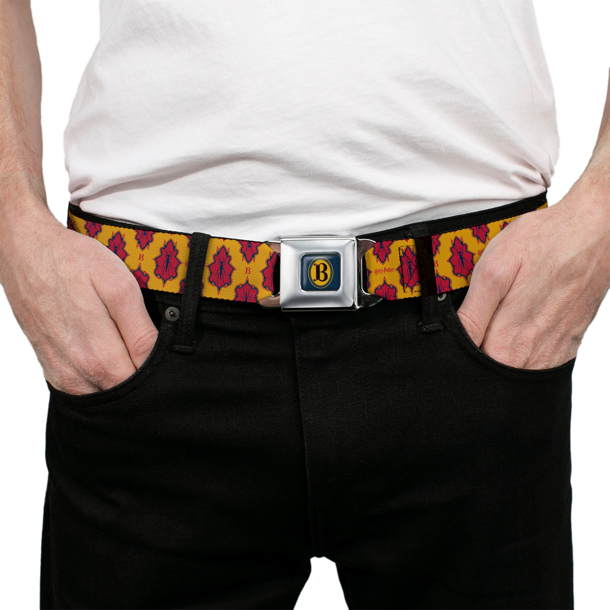 Harry Potter Butterbeer Logo Full Color Navy/Yellow Seatbelt Belt - HARRY POTTER Butterbeer Insect Icon Yellow/Reds Webbing Seatbelt Belts Harry Potter