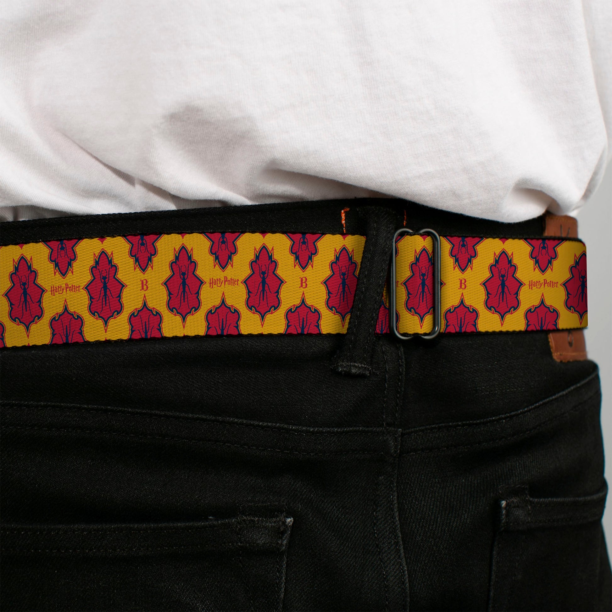 Harry Potter Butterbeer Logo Full Color Navy/Yellow Seatbelt Belt - HARRY POTTER Butterbeer Insect Icon Yellow/Reds Webbing Seatbelt Belts Harry Potter