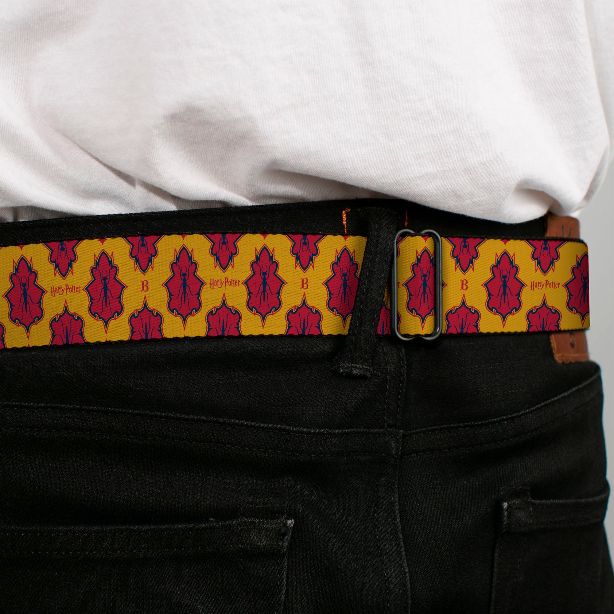 Harry Potter Butterbeer Logo Full Color Navy/Yellow Seatbelt Belt - HARRY POTTER Butterbeer Insect Icon Yellow/Reds Webbing Seatbelt Belts Harry Potter