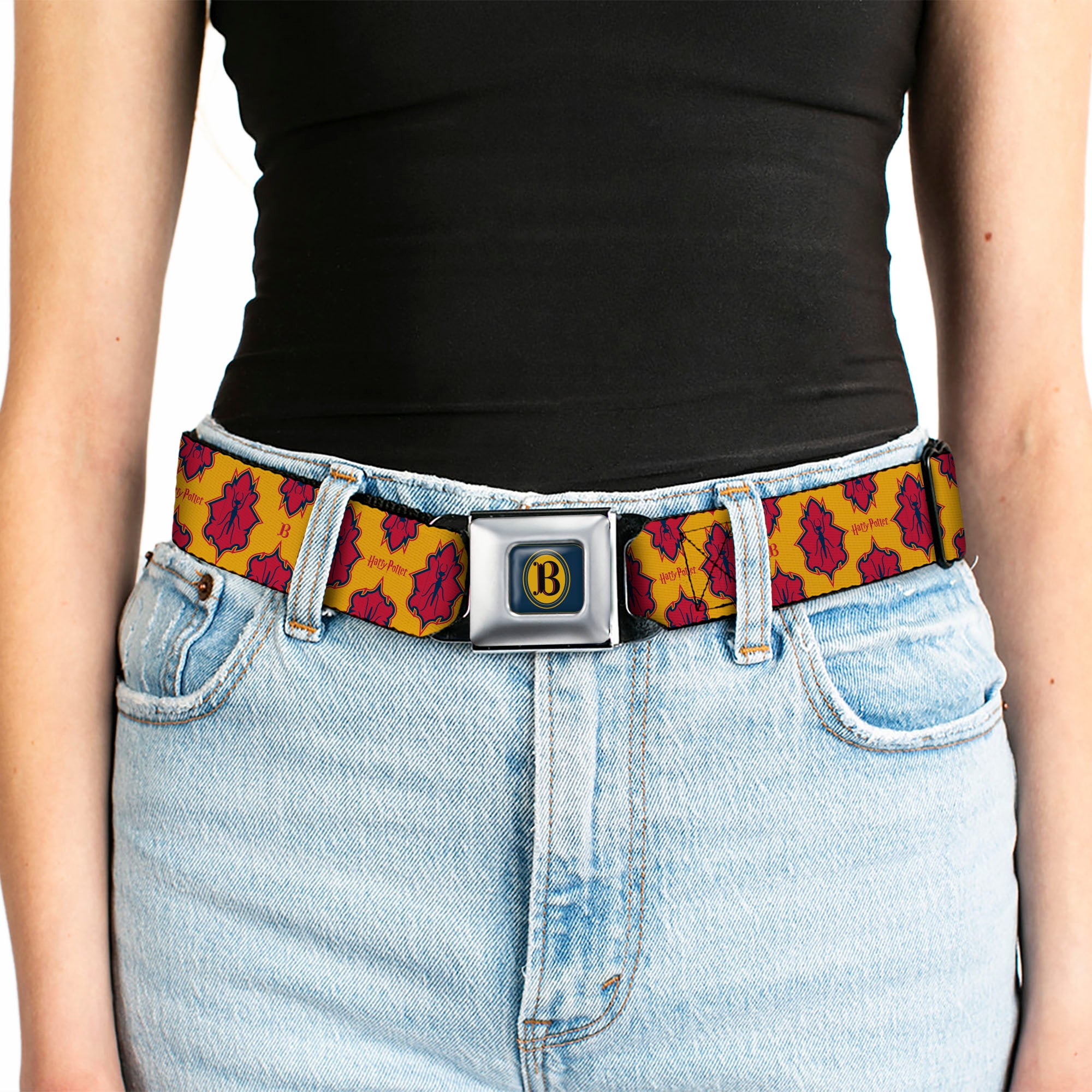Harry Potter Butterbeer Logo Full Color Navy/Yellow Seatbelt Belt - HARRY POTTER Butterbeer Insect Icon Yellow/Reds Webbing Seatbelt Belts Harry Potter