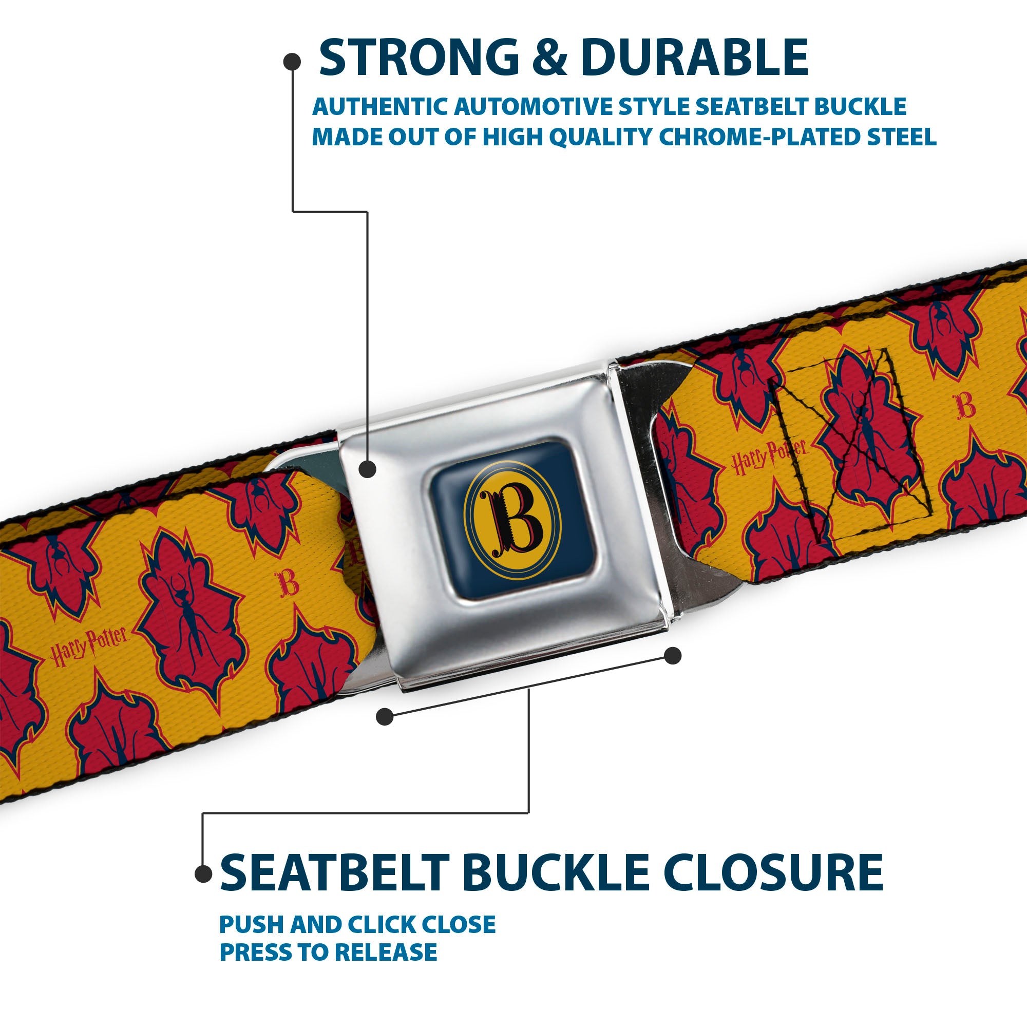 Harry Potter Butterbeer Logo Full Color Navy/Yellow Seatbelt Belt - HARRY POTTER Butterbeer Insect Icon Yellow/Reds Webbing Seatbelt Belts Harry Potter