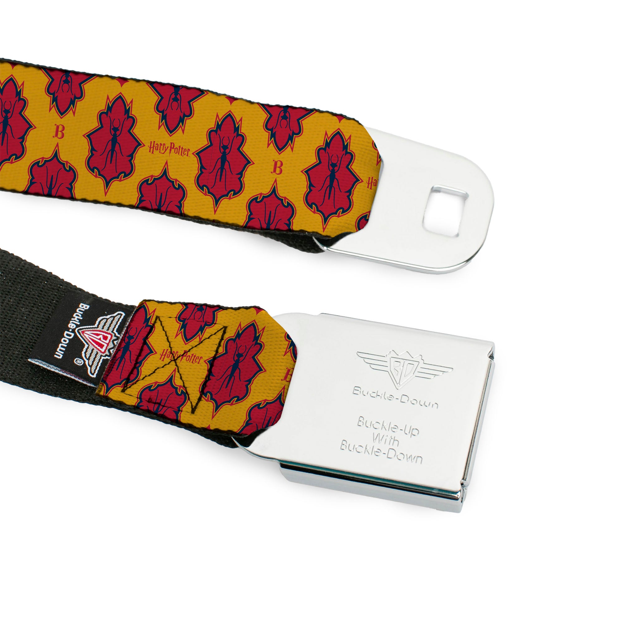 Harry Potter Butterbeer Logo Full Color Navy/Yellow Seatbelt Belt - HARRY POTTER Butterbeer Insect Icon Yellow/Reds Webbing Seatbelt Belts Harry Potter
