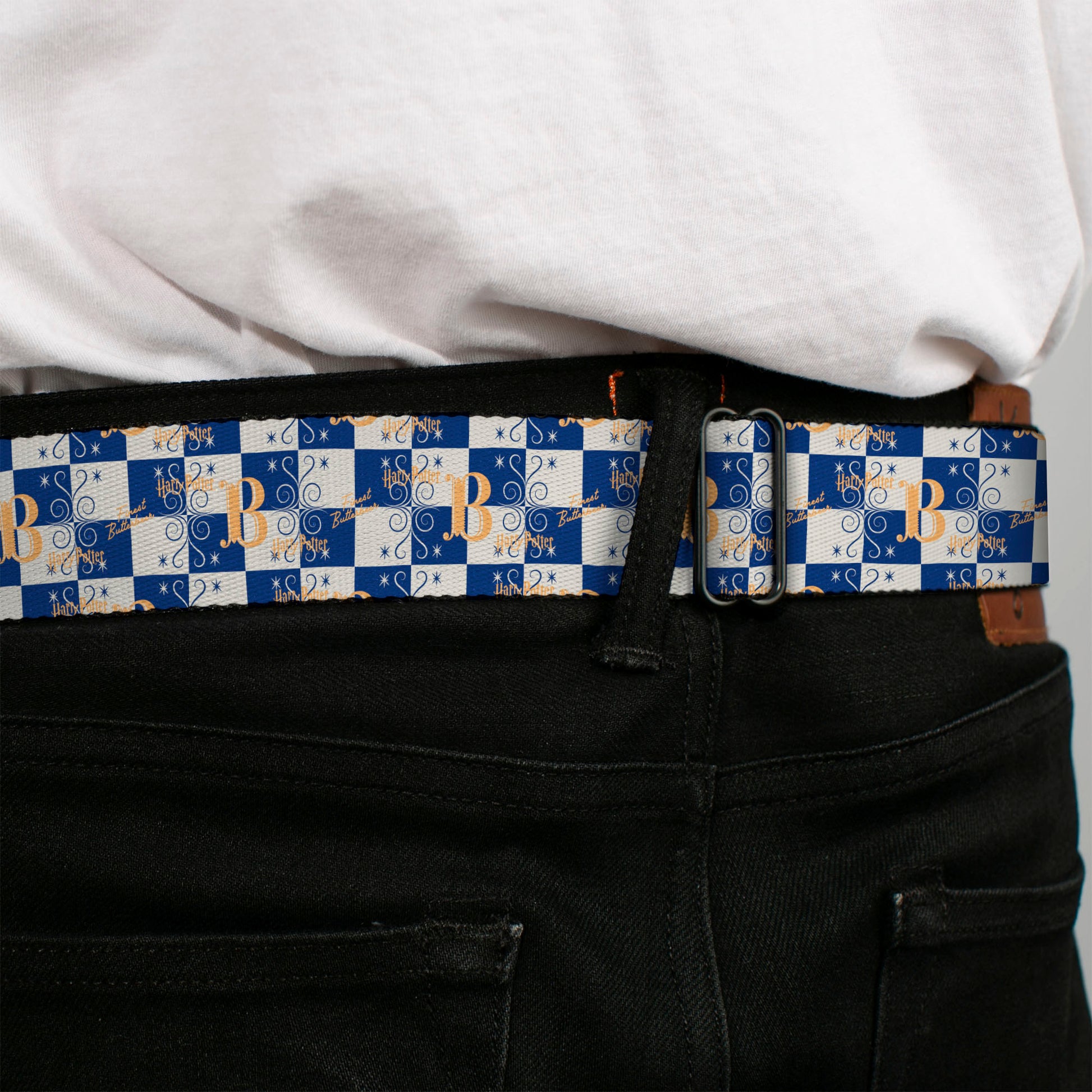 Harry Potter Butterbeer Logo Full Color Navy/Yellow Seatbelt Belt - Harry Potter Butterbeer Logo Checker White/Blue/Yellow Webbing Seatbelt Belts Harry Potter