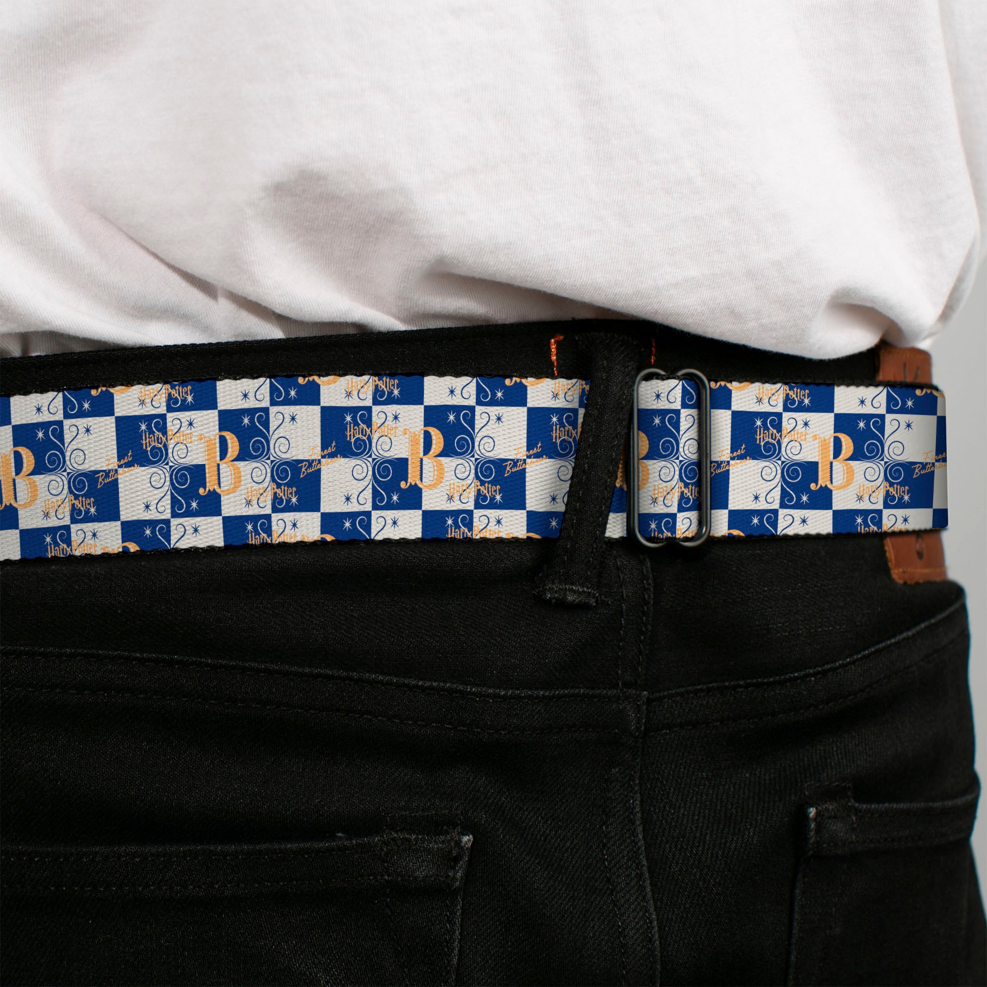 Harry Potter Butterbeer Logo Full Color Navy/Yellow Seatbelt Belt - Harry Potter Butterbeer Logo Checker White/Blue/Yellow Webbing Seatbelt Belts Harry Potter