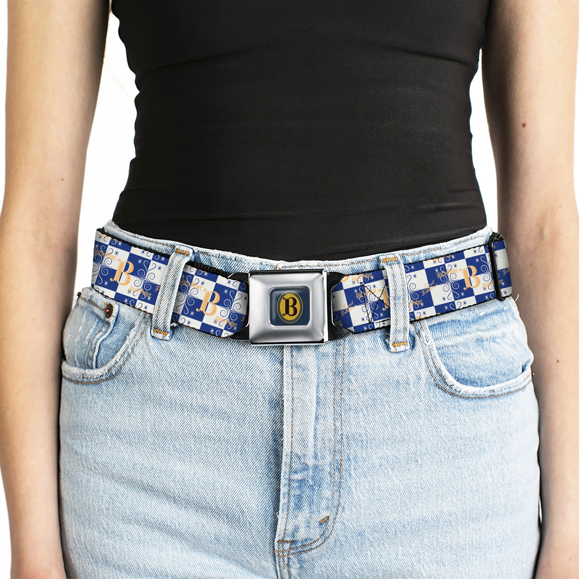 Harry Potter Butterbeer Logo Full Color Navy/Yellow Seatbelt Belt - Harry Potter Butterbeer Logo Checker White/Blue/Yellow Webbing Seatbelt Belts Harry Potter