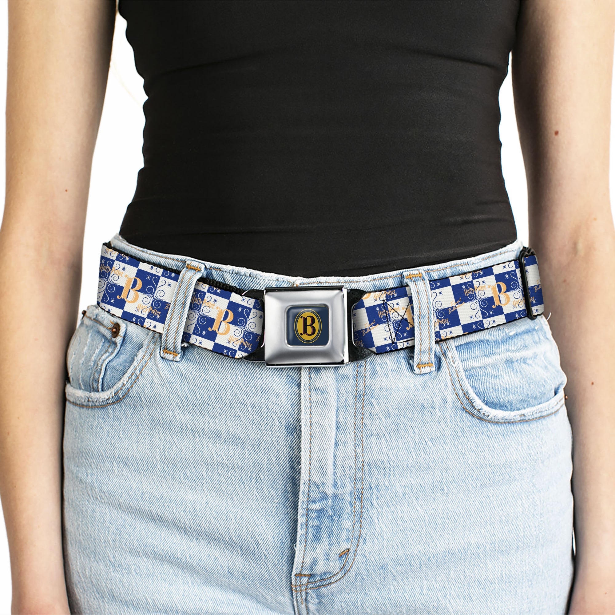 Harry Potter Butterbeer Logo Full Color Navy/Yellow Seatbelt Belt - Harry Potter Butterbeer Logo Checker White/Blue/Yellow Webbing Seatbelt Belts Harry Potter