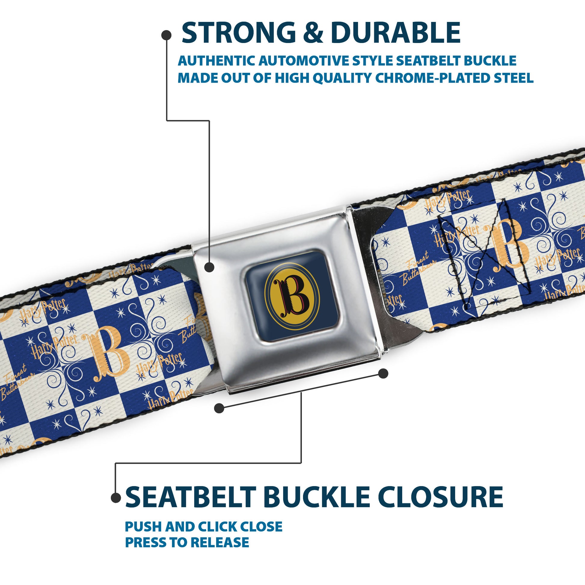 Harry Potter Butterbeer Logo Full Color Navy/Yellow Seatbelt Belt - Harry Potter Butterbeer Logo Checker White/Blue/Yellow Webbing Seatbelt Belts Harry Potter