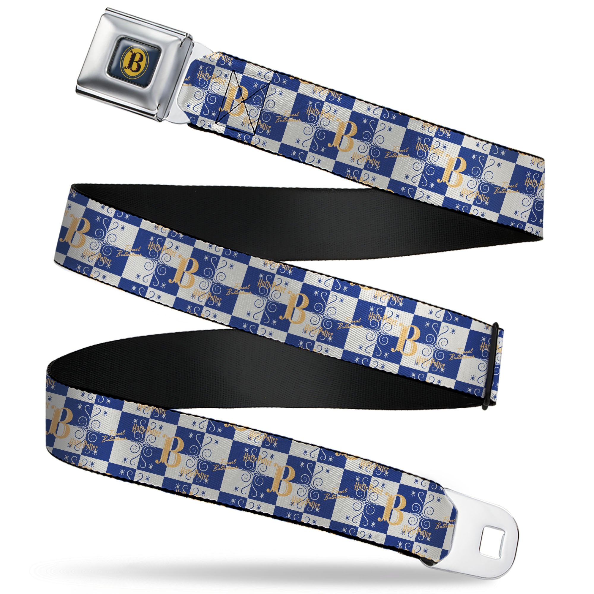 Harry Potter Butterbeer Logo Full Color Navy/Yellow Seatbelt Belt - Harry Potter Butterbeer Logo Checker White/Blue/Yellow Webbing Seatbelt Belts Harry Potter