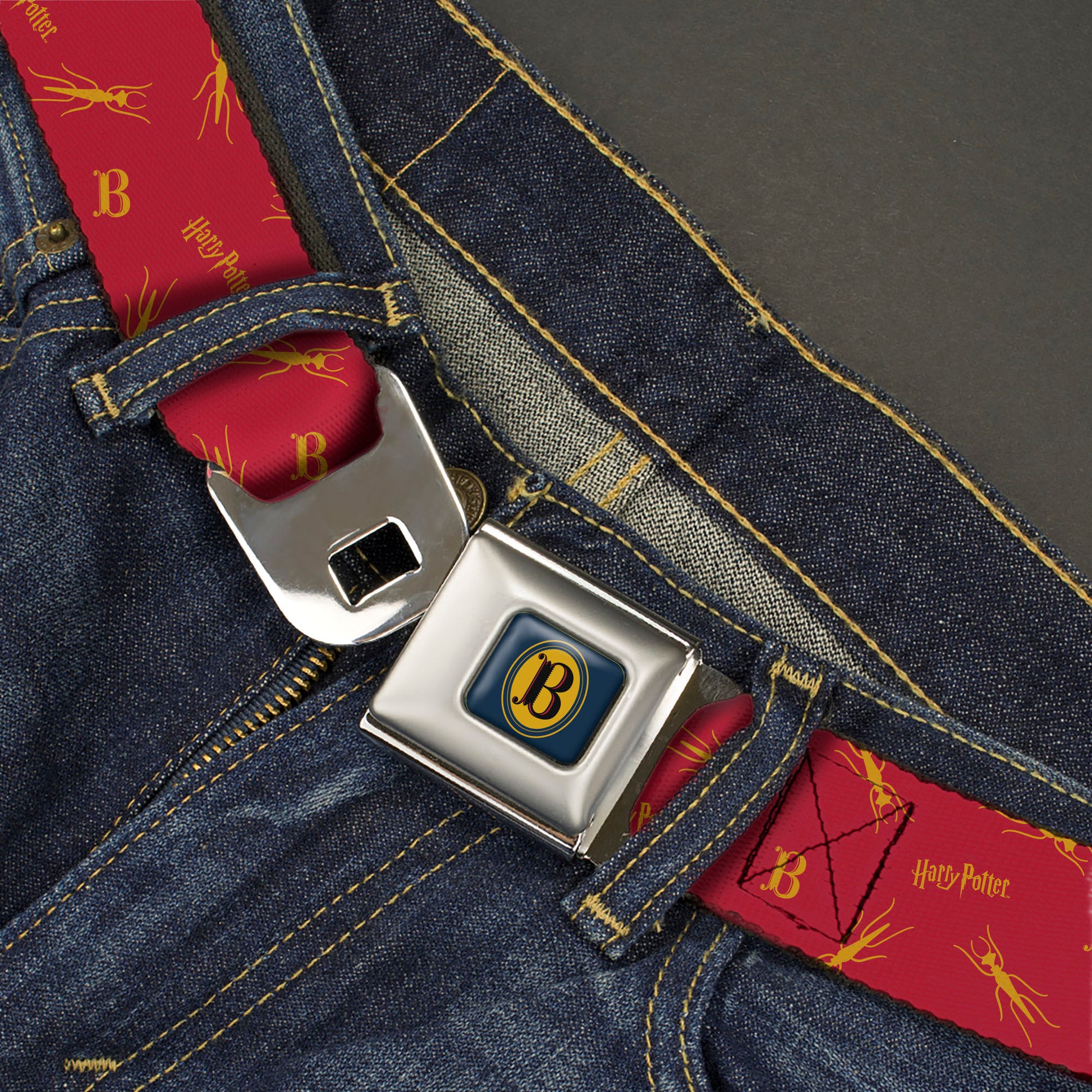 Harry Potter Butterbeer Logo Full Color Navy/Yellow Seatbelt Belt - Harry Potter Butterbeer Logo and Insect Icon Scattered Red/Yellow Webbing Seatbelt Belts Harry Potter