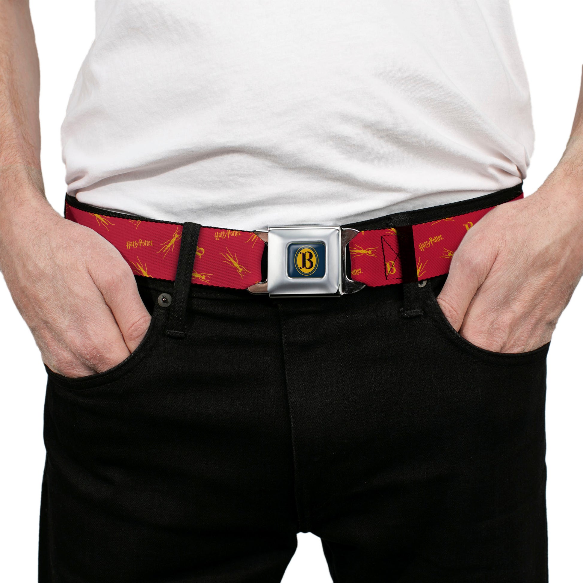 Harry Potter Butterbeer Logo Full Color Navy/Yellow Seatbelt Belt - Harry Potter Butterbeer Logo and Insect Icon Scattered Red/Yellow Webbing Seatbelt Belts Harry Potter