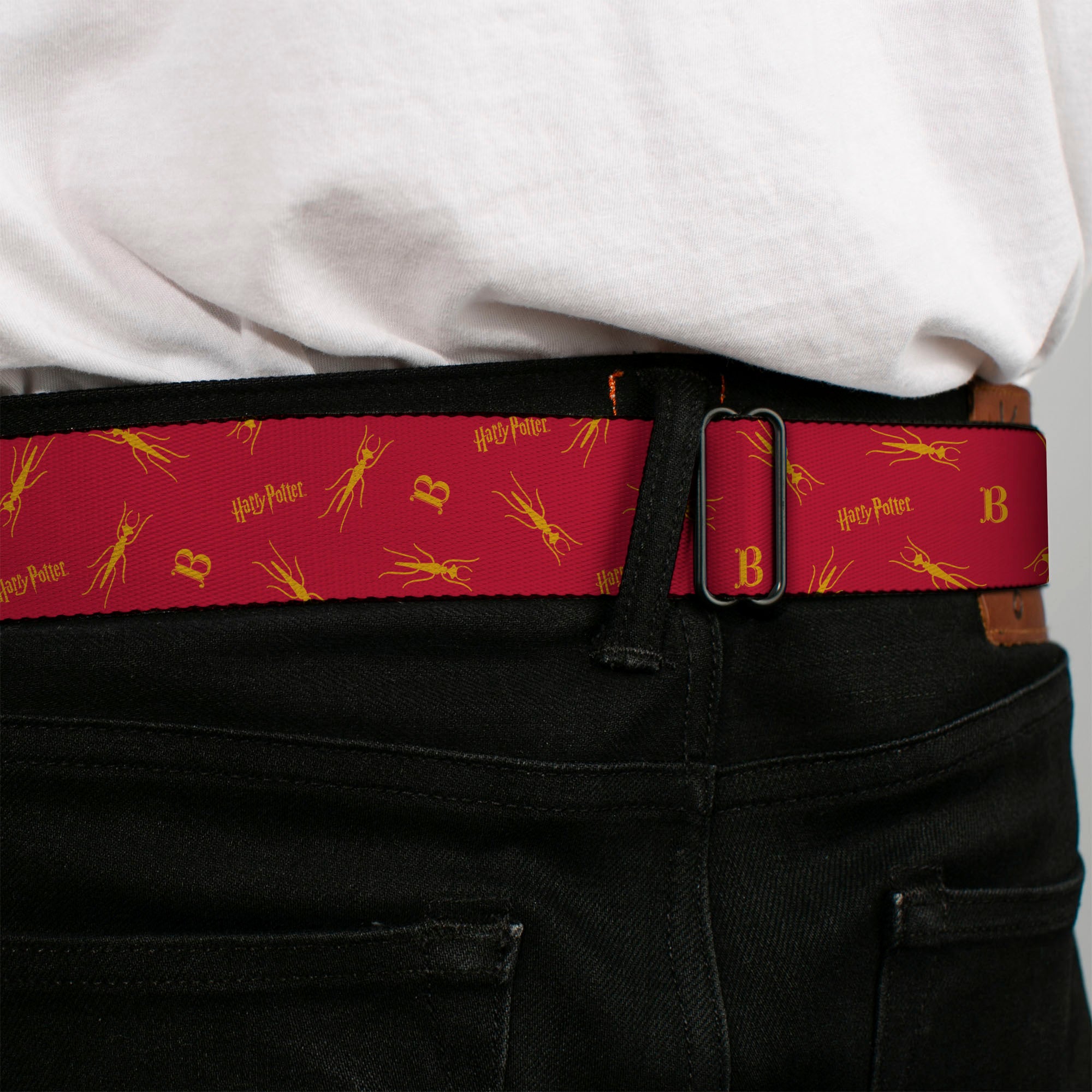 Harry Potter Butterbeer Logo Full Color Navy/Yellow Seatbelt Belt - Harry Potter Butterbeer Logo and Insect Icon Scattered Red/Yellow Webbing Seatbelt Belts Harry Potter
