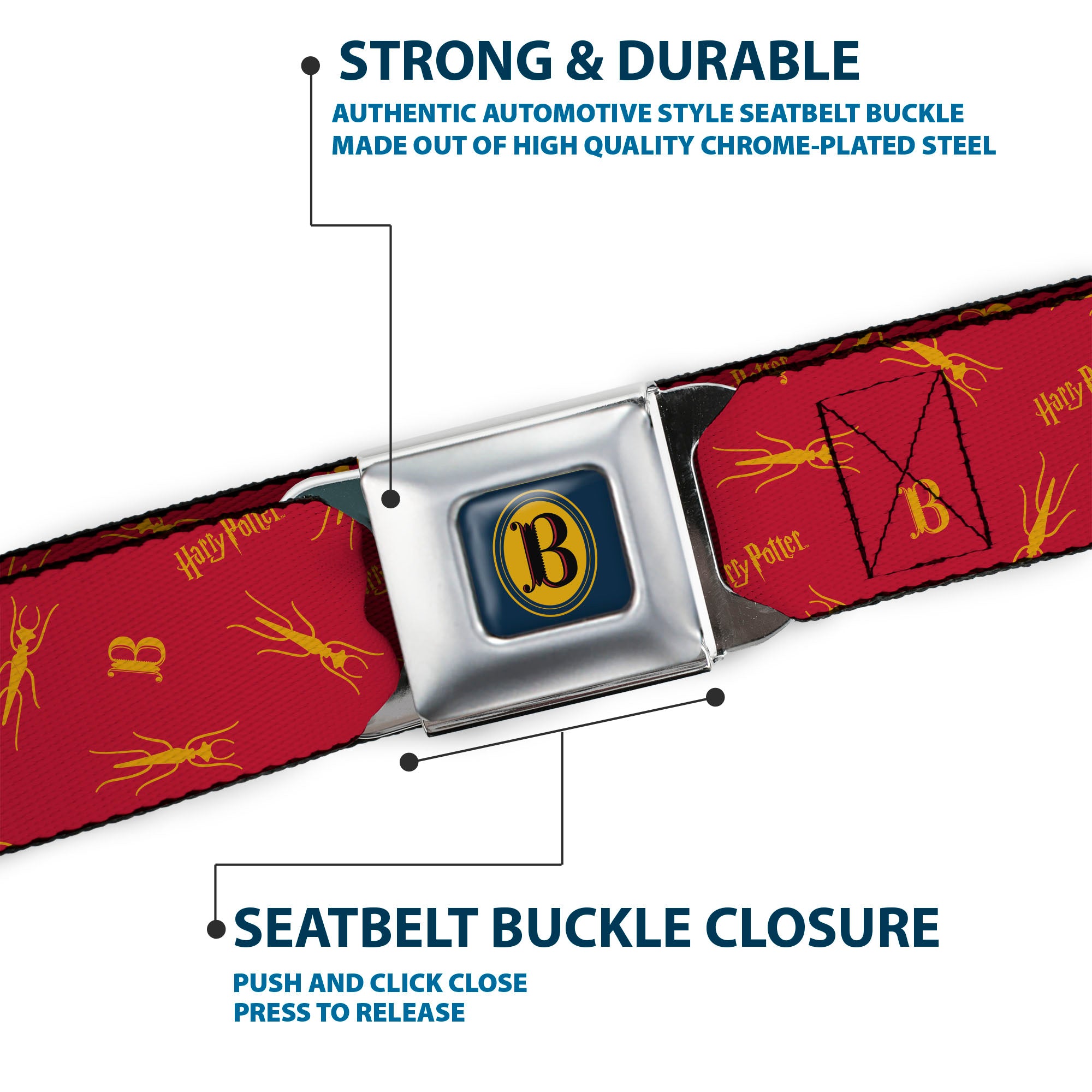 Harry Potter Butterbeer Logo Full Color Navy/Yellow Seatbelt Belt - Harry Potter Butterbeer Logo and Insect Icon Scattered Red/Yellow Webbing Seatbelt Belts Harry Potter