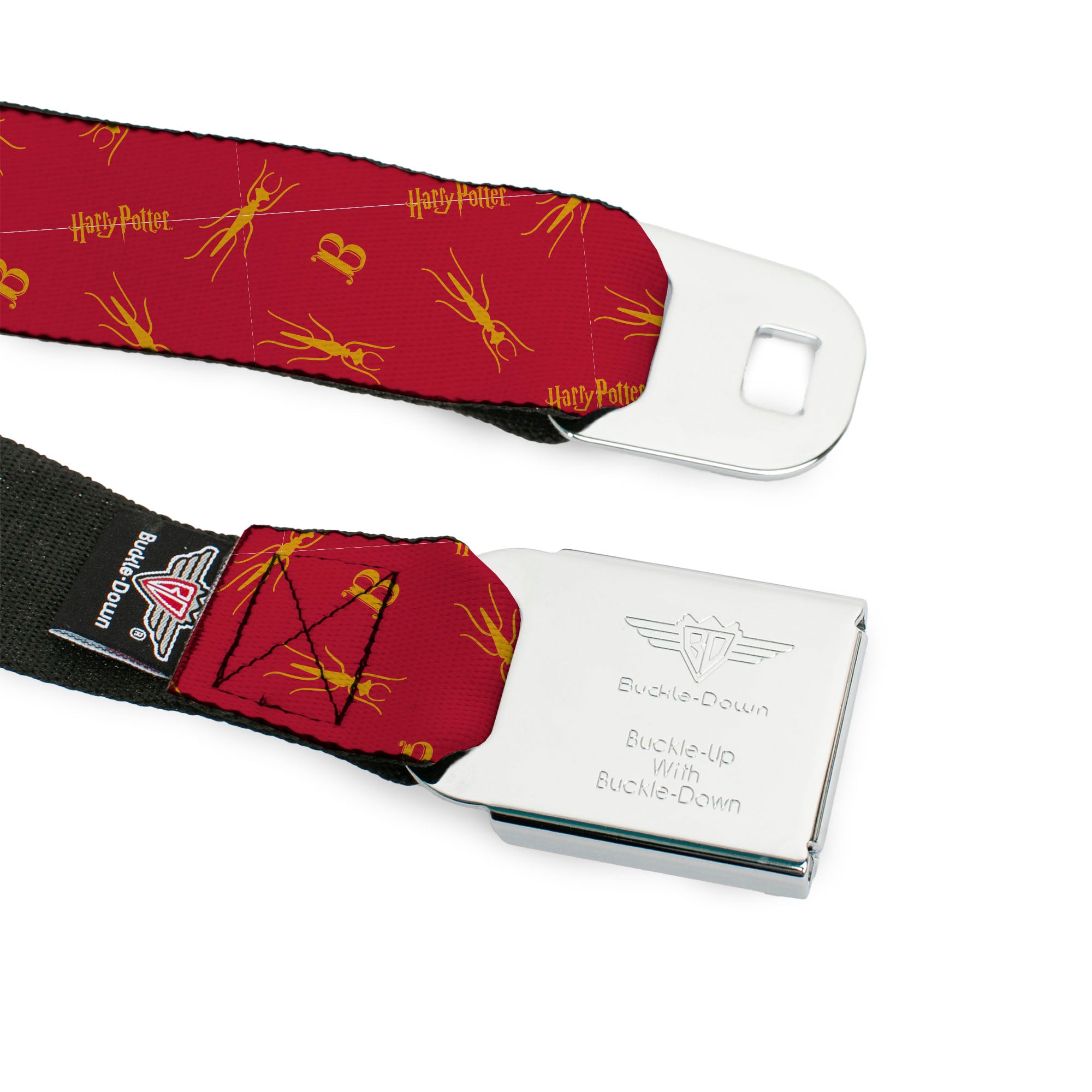 Harry Potter Butterbeer Logo Full Color Navy/Yellow Seatbelt Belt - Harry Potter Butterbeer Logo and Insect Icon Scattered Red/Yellow Webbing Seatbelt Belts Harry Potter