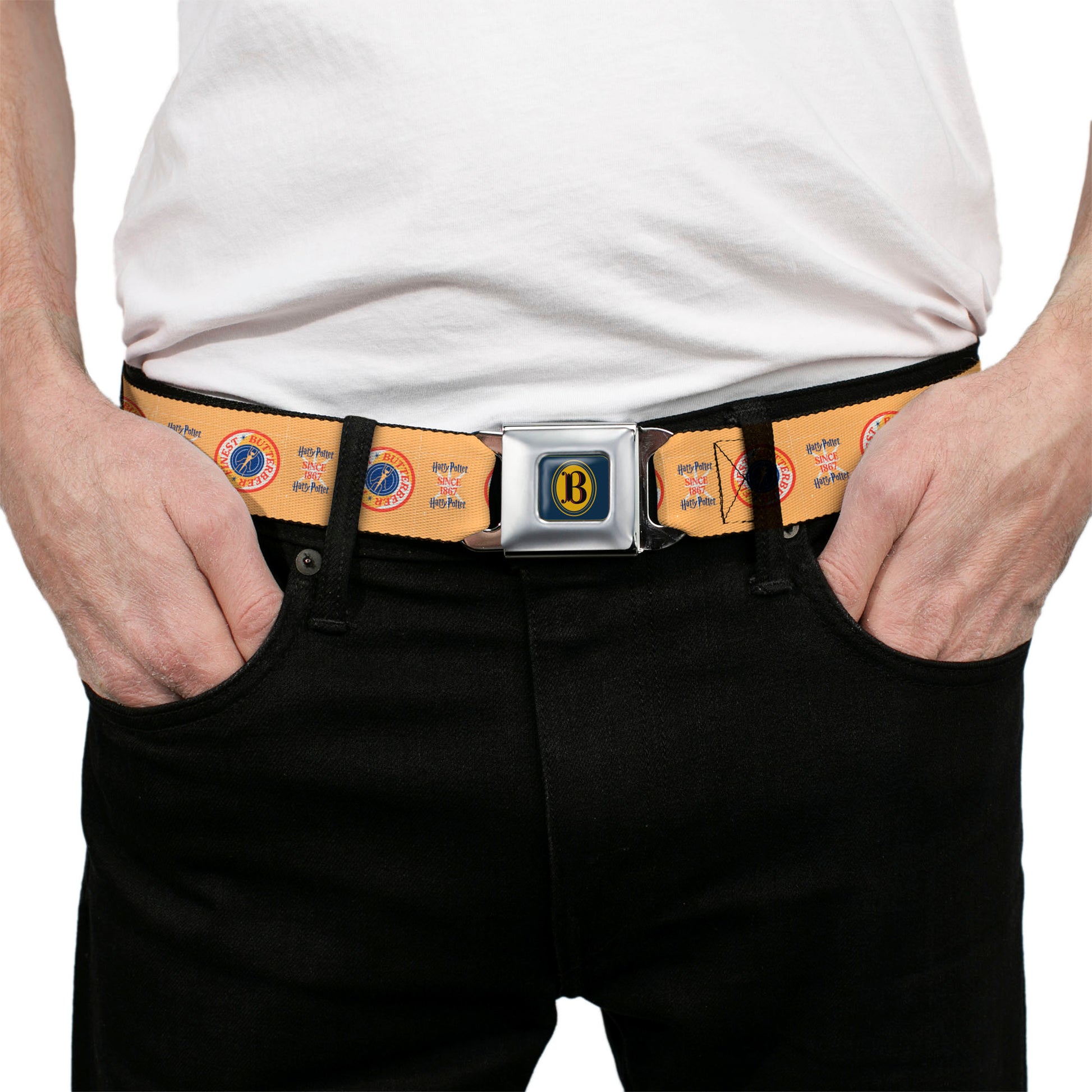 Harry Potter Butterbeer Logo Full Color Navy/Yellow Seatbelt Belt - HARRY POTTER SINCE 1867 FINEST BUTTERBEER Icon Yellow/Blue/Red Webbing Seatbelt Belts Harry Potter