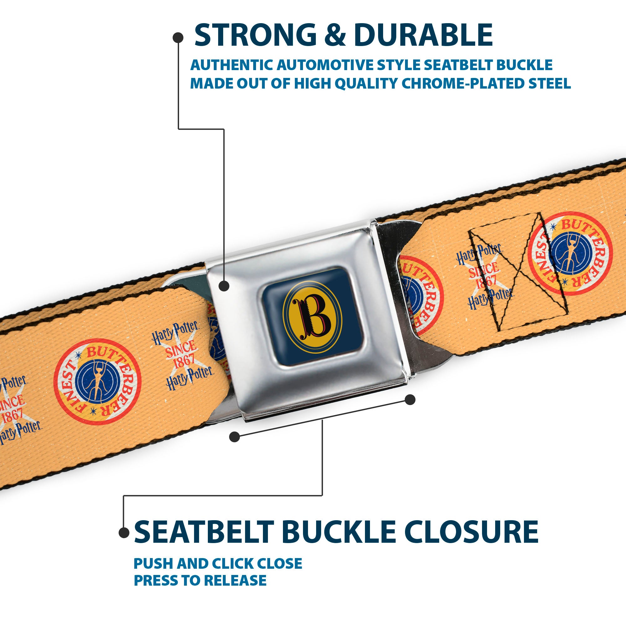 Harry Potter Butterbeer Logo Full Color Navy/Yellow Seatbelt Belt - HARRY POTTER SINCE 1867 FINEST BUTTERBEER Icon Yellow/Blue/Red Webbing Seatbelt Belts Harry Potter