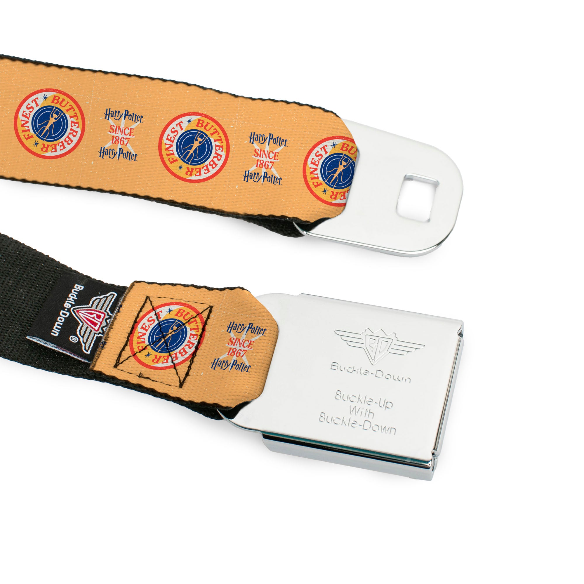 Harry Potter Butterbeer Logo Full Color Navy/Yellow Seatbelt Belt - HARRY POTTER SINCE 1867 FINEST BUTTERBEER Icon Yellow/Blue/Red Webbing Seatbelt Belts Harry Potter