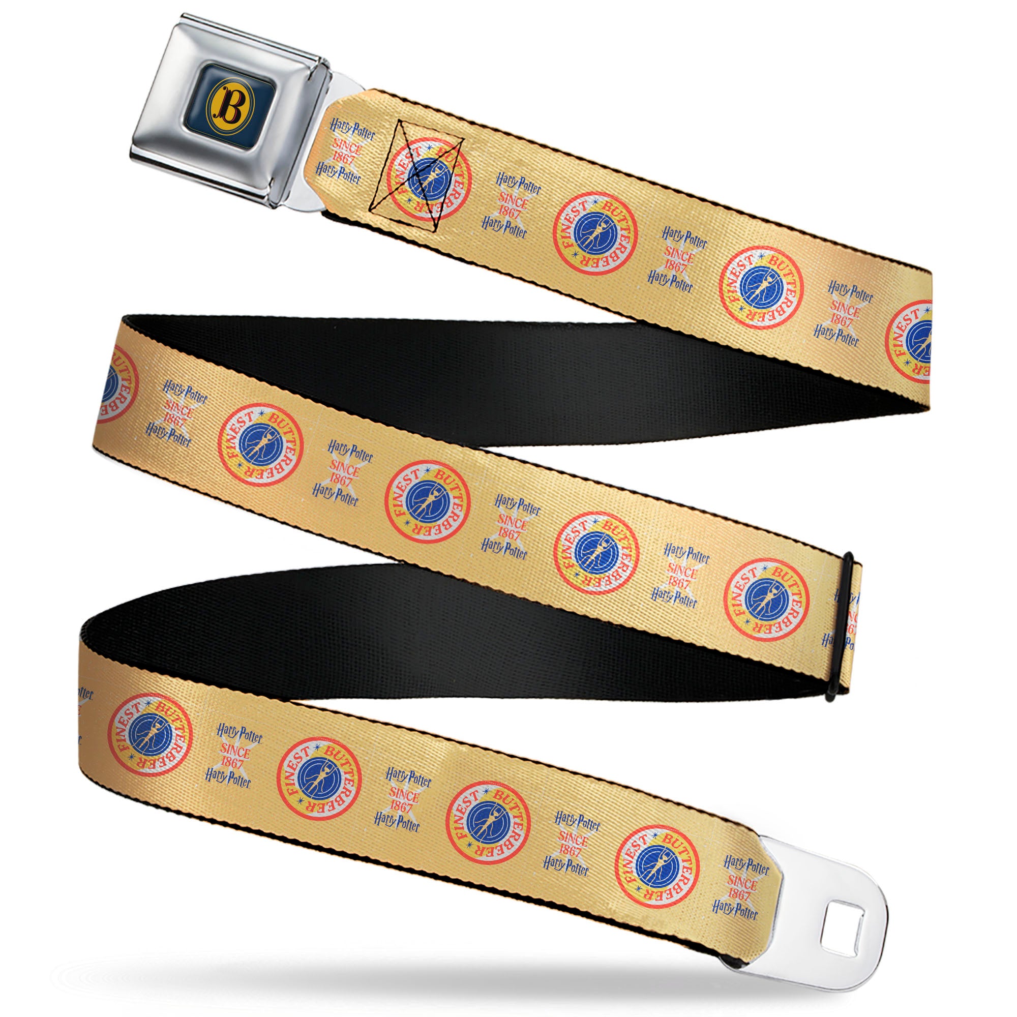 Harry Potter Butterbeer Logo Full Color Navy/Yellow Seatbelt Belt - HARRY POTTER SINCE 1867 FINEST BUTTERBEER Icon Yellow/Blue/Red Webbing Seatbelt Belts Harry Potter