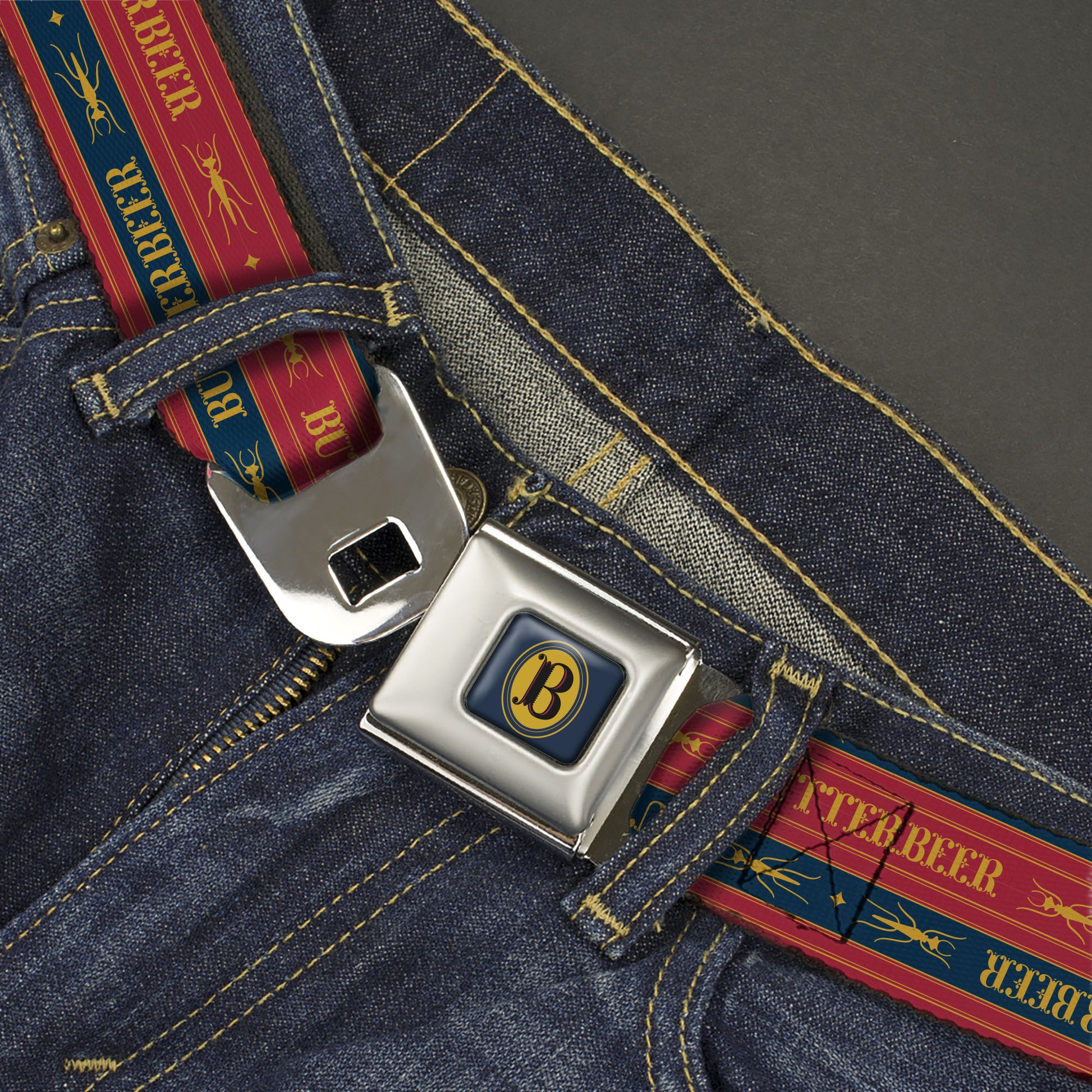 Harry Potter Butterbeer Logo Full Color Navy/Yellow Seatbelt Belt - Harry Potter BUTTERBEER Stripe Red/Blue/Golden Yellow Webbing Seatbelt Belts Harry Potter