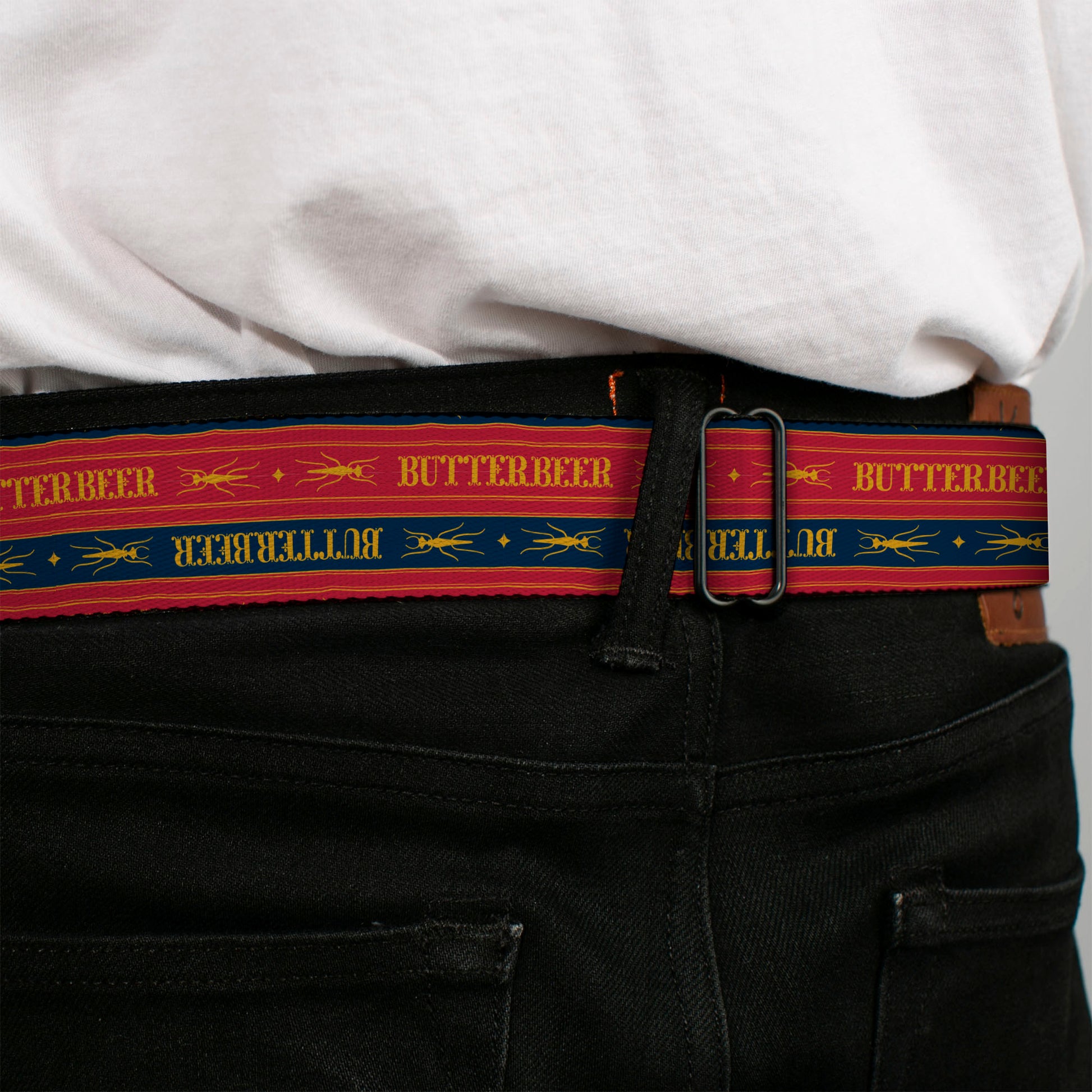 Harry Potter Butterbeer Logo Full Color Navy/Yellow Seatbelt Belt - Harry Potter BUTTERBEER Stripe Red/Blue/Golden Yellow Webbing Seatbelt Belts Harry Potter
