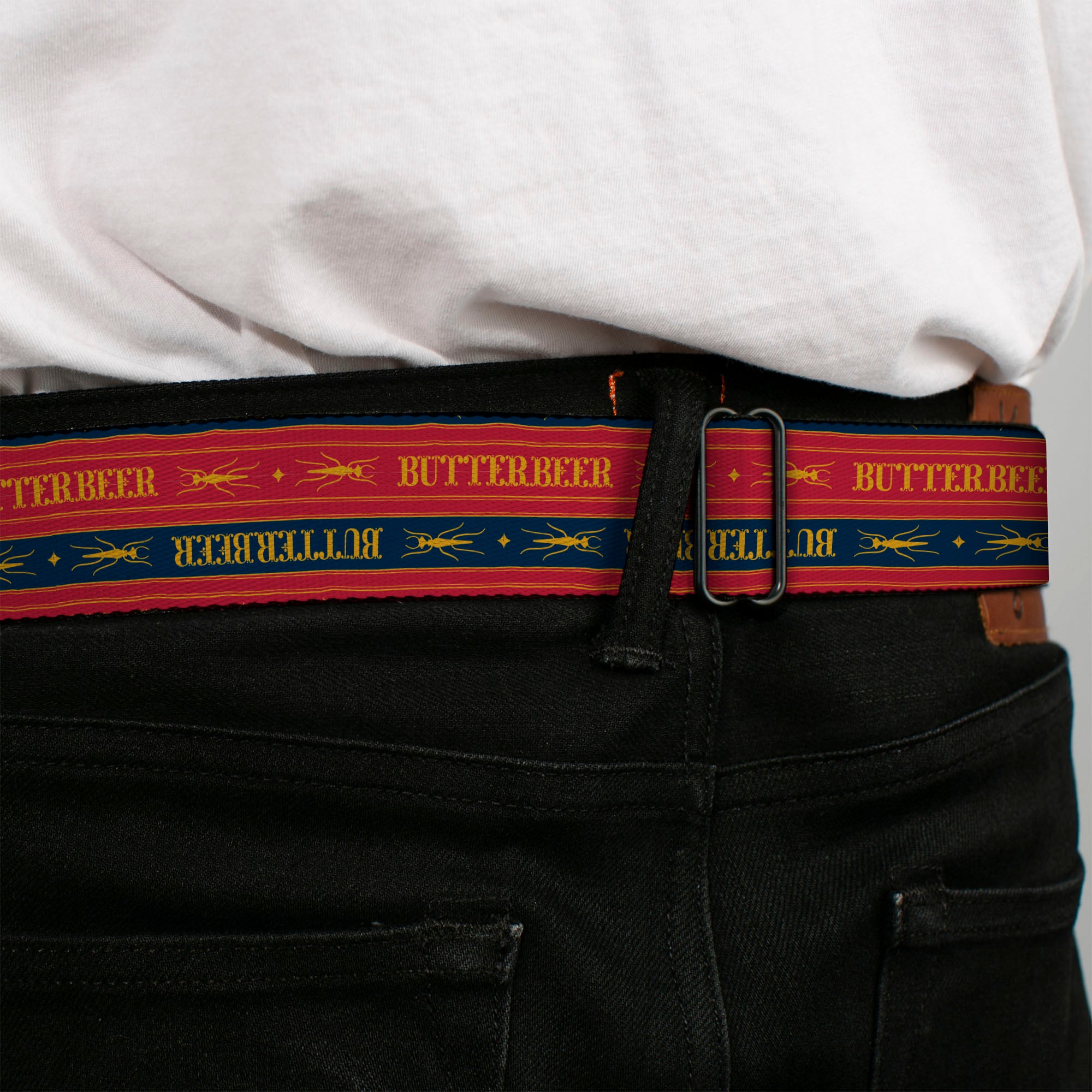 Harry Potter Butterbeer Logo Full Color Navy/Yellow Seatbelt Belt - Harry Potter BUTTERBEER Stripe Red/Blue/Golden Yellow Webbing Seatbelt Belts Harry Potter